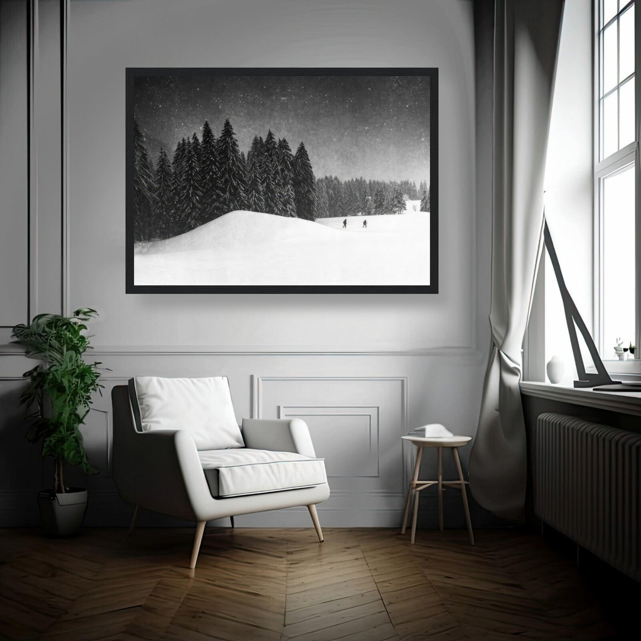 Winter Crossing Framed Print of a snow-covered forest landscape in black and white, enhancing home decor with elegance.