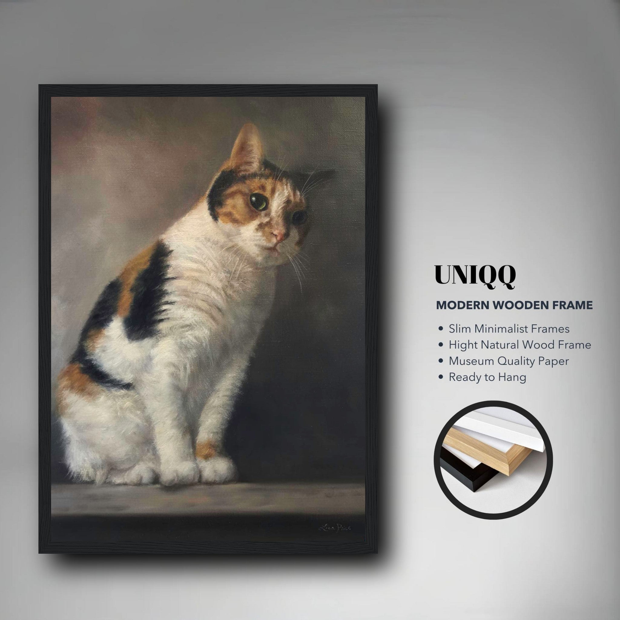 Realistic framed cat portrait painting in a modern wooden frame, showcasing lifelike details and charm.