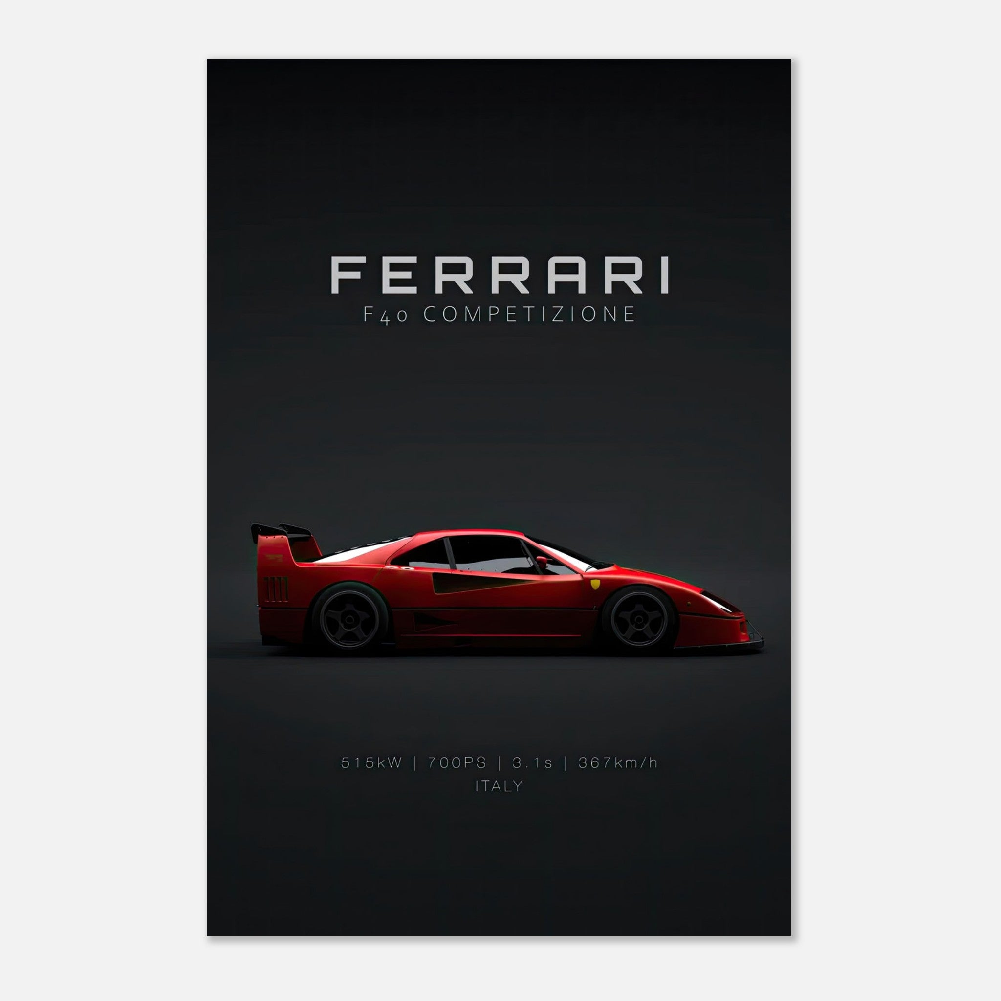 Ferrari F40 Competizione metal print showcasing sleek red design and iconic side profile, perfect for car enthusiasts.