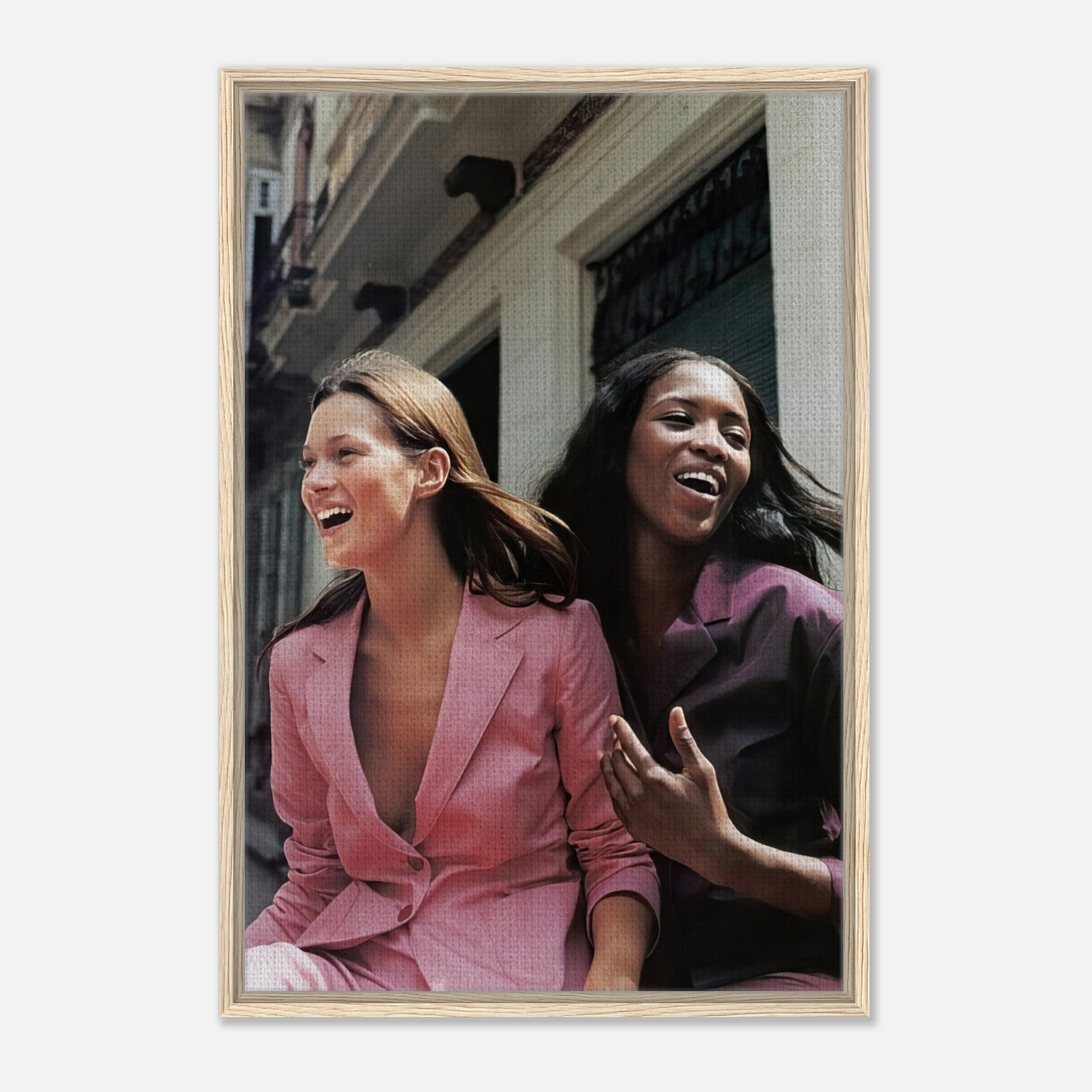 Naomi Campbell x Kate Moss framed canvas print capturing timeless fashion elegance and vibrant colors.