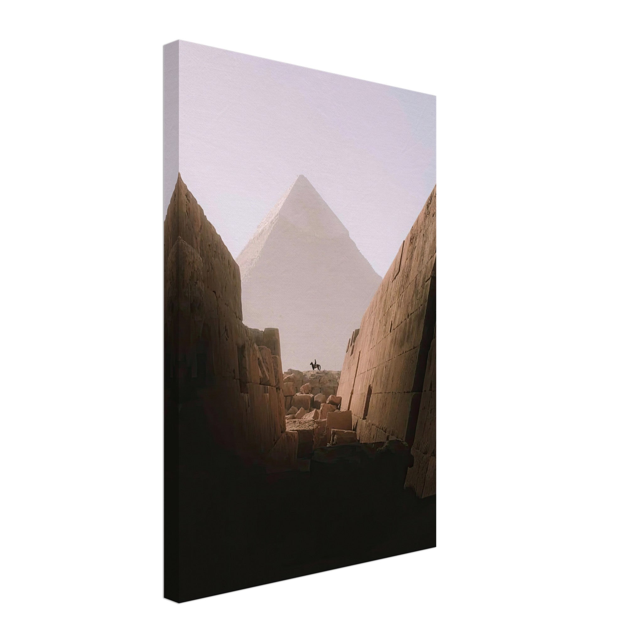 Horse and rider silhouette in front of the Great Pyramid of Giza, framed by ancient stone ruins.
