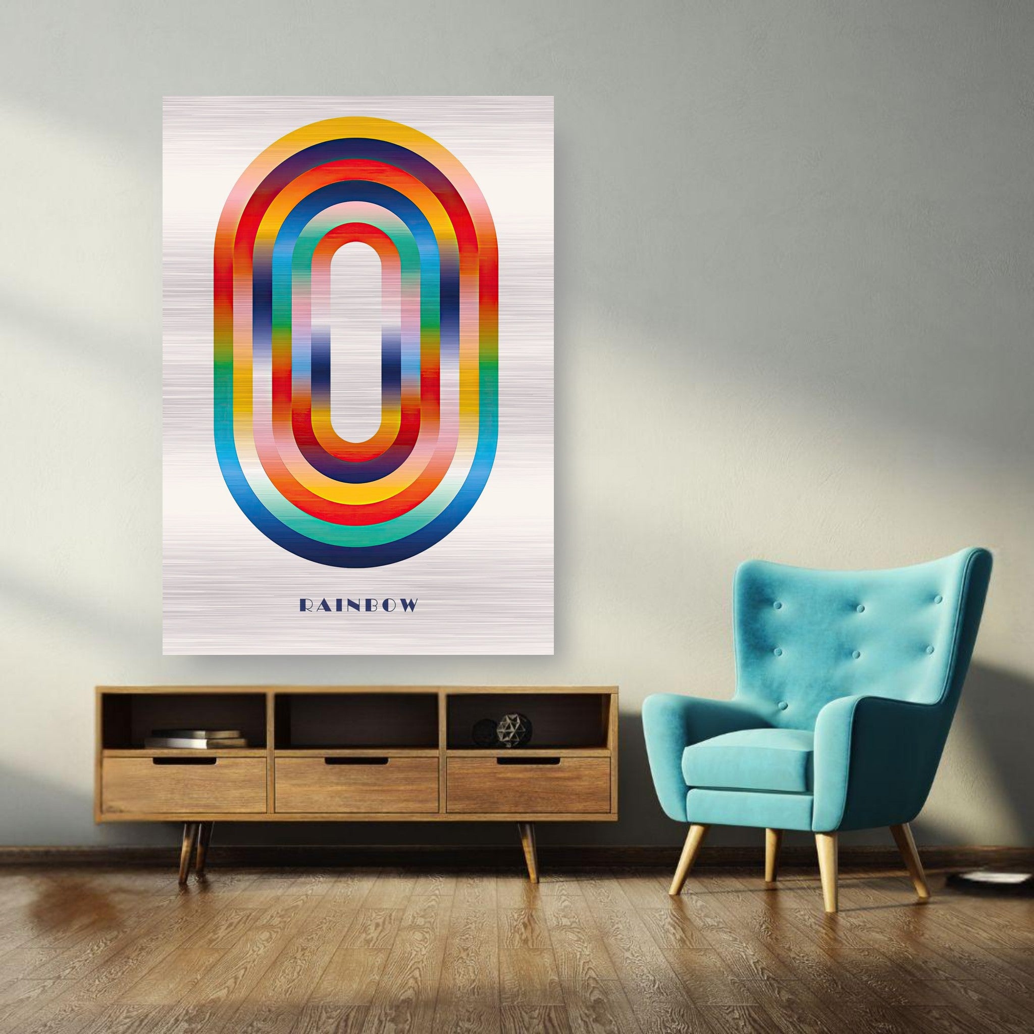 Abstract Rainbow Geometric Art print on brushed metal in modern living room setting with turquoise armchair.