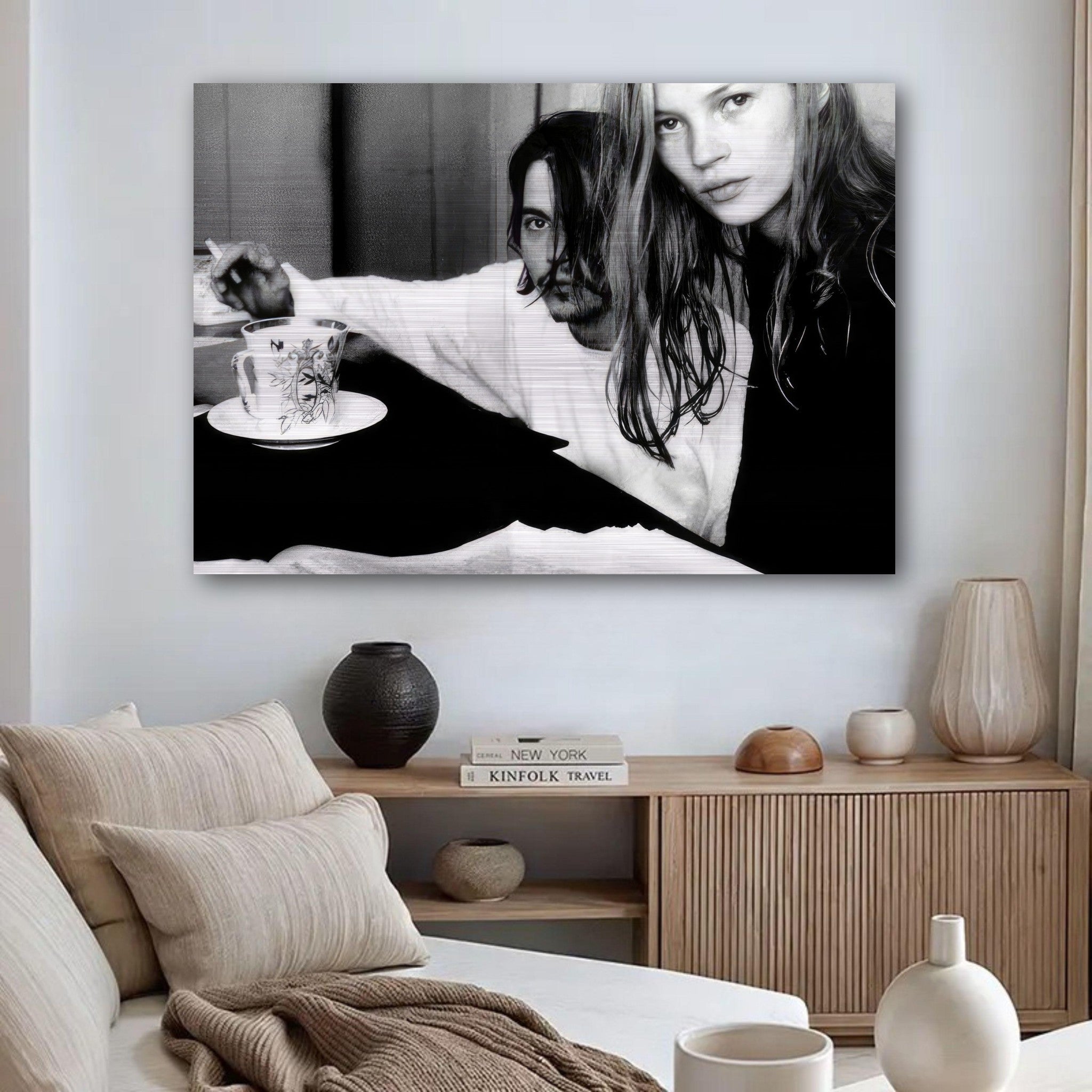Rebel Romance brushed metal print featuring Johnny Depp and Kate Moss, capturing their iconic 1990s allure in black and white.