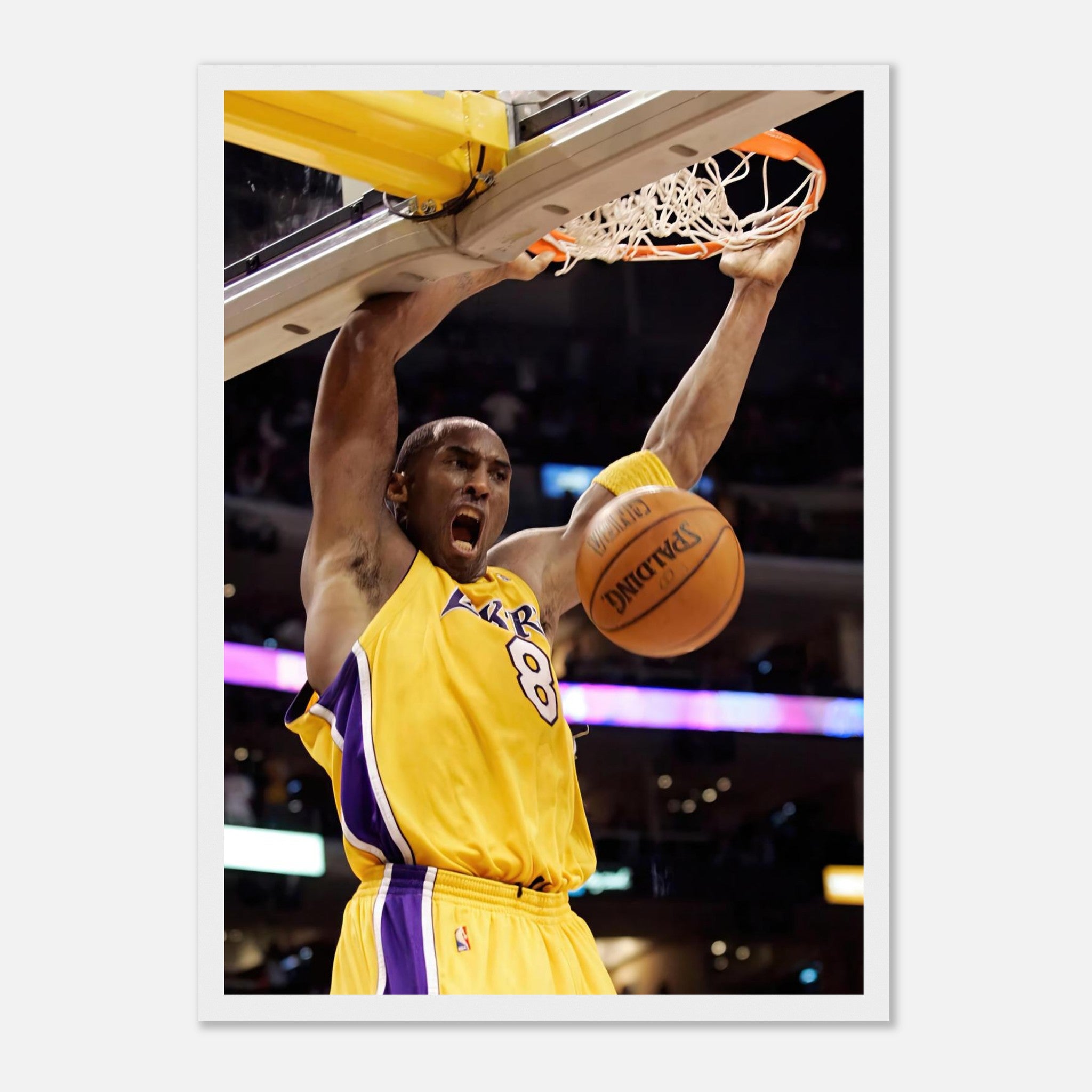 Kobe Bryant iconic slam dunk framed print, showcasing his energy in Lakers colors.