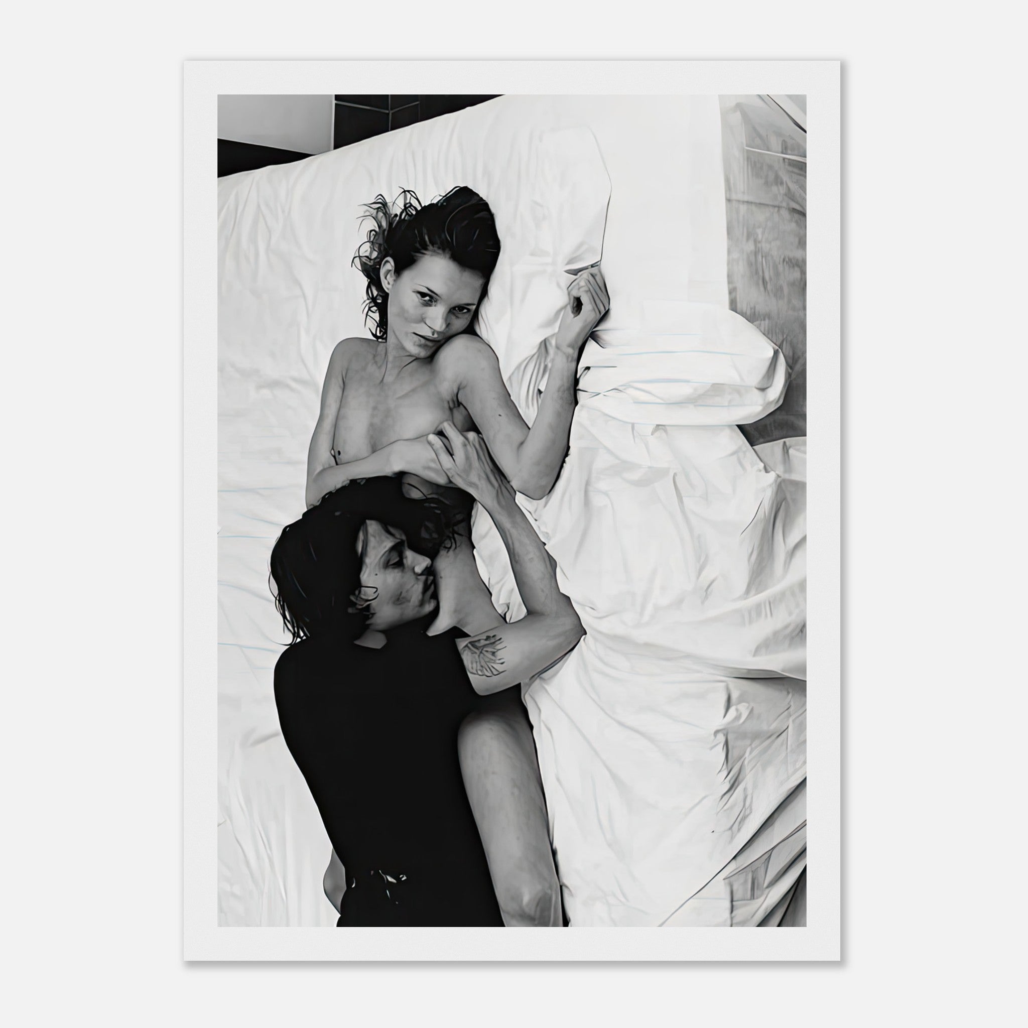 Framed print of Kate Moss and Johnny Depp in black and white, captured in New York, 1994, showcasing their iconic chemistry.