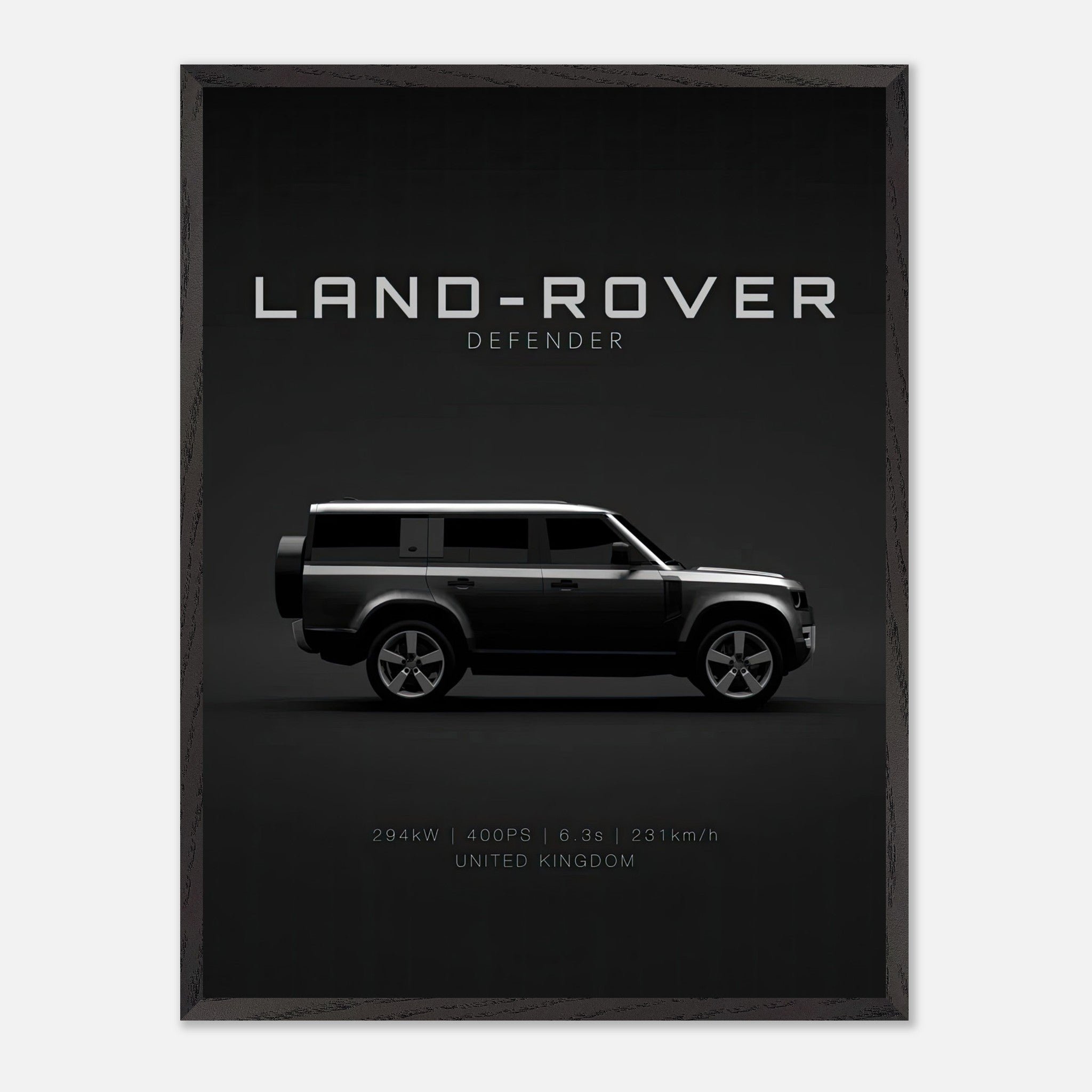 Land Rover Defender vintage framed art with a minimalist design, showcasing the iconic silhouette on a black background.