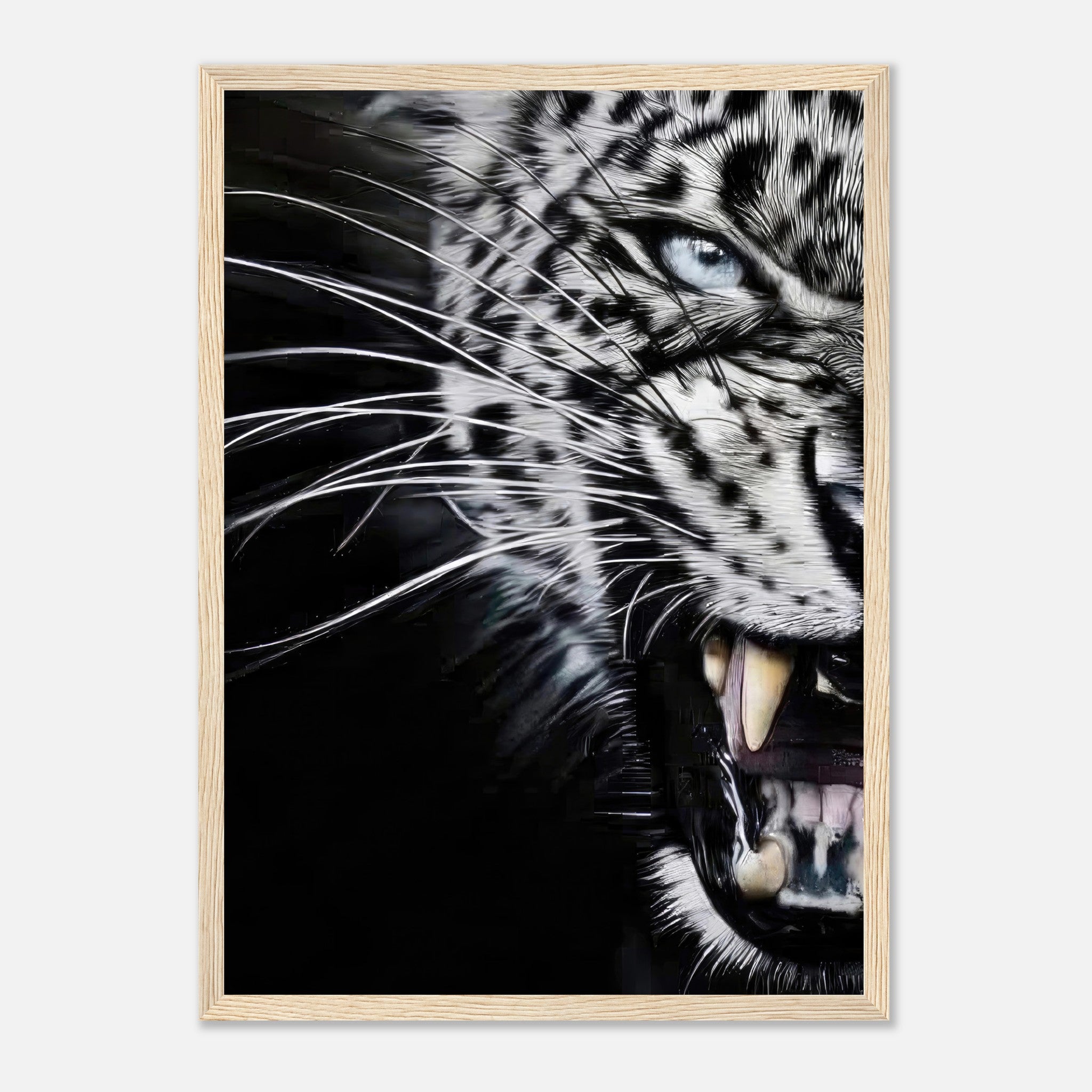 Leopard close-up portrait framed print showcasing piercing blue eyes and sharp fangs in striking black and white design.