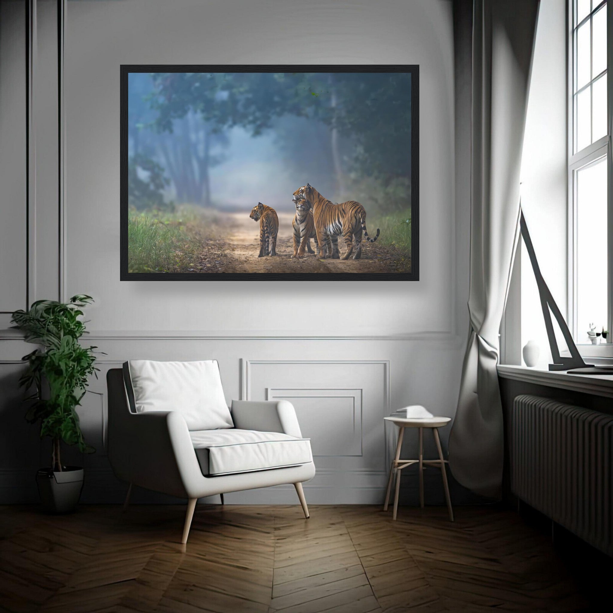 Framed print of a tiger family on a misty forest pathway, showcasing their vibrant orange coats and serene connection.
