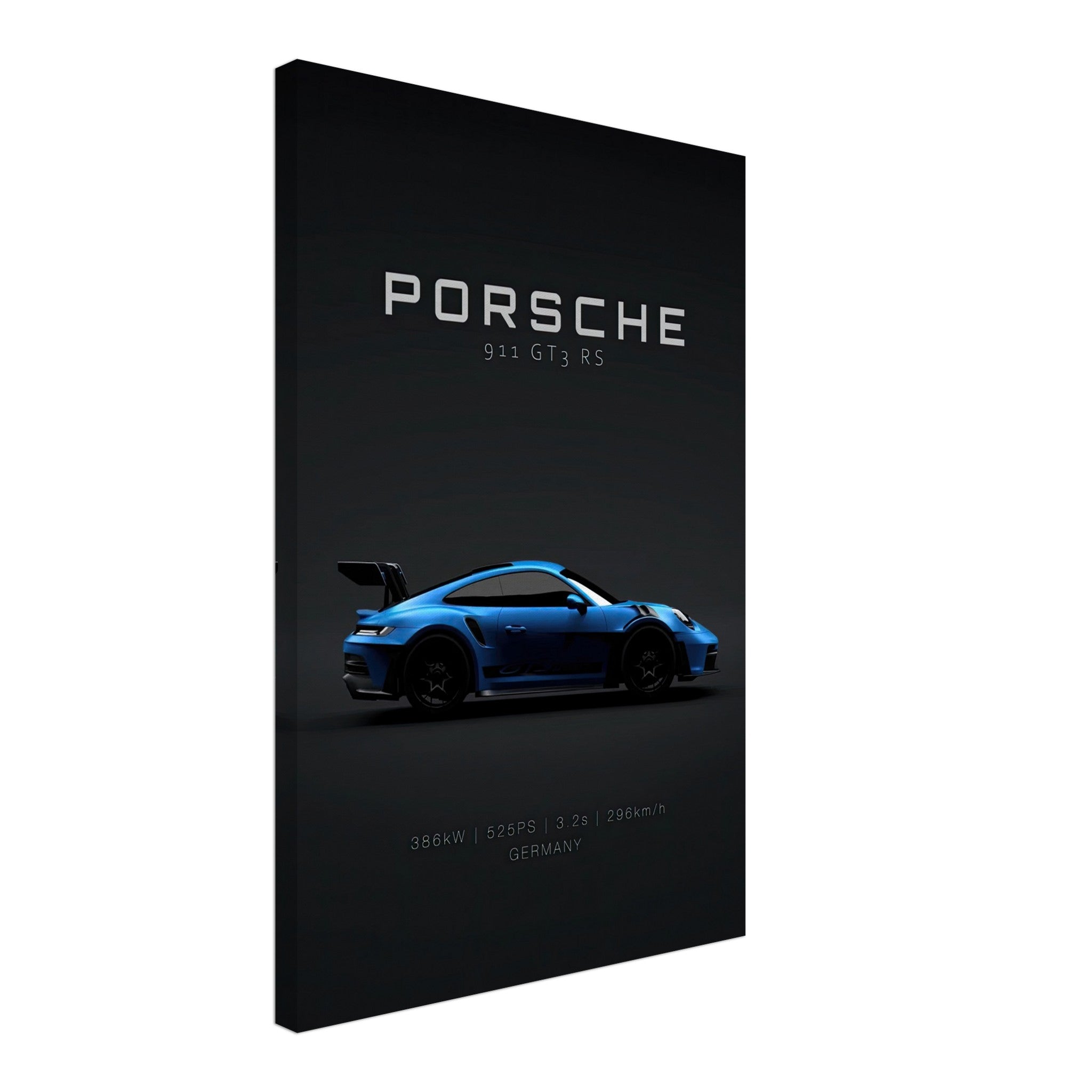Porsche 911 GT3 RS canvas art in blue on black background, featuring specs and iconic silhouette.