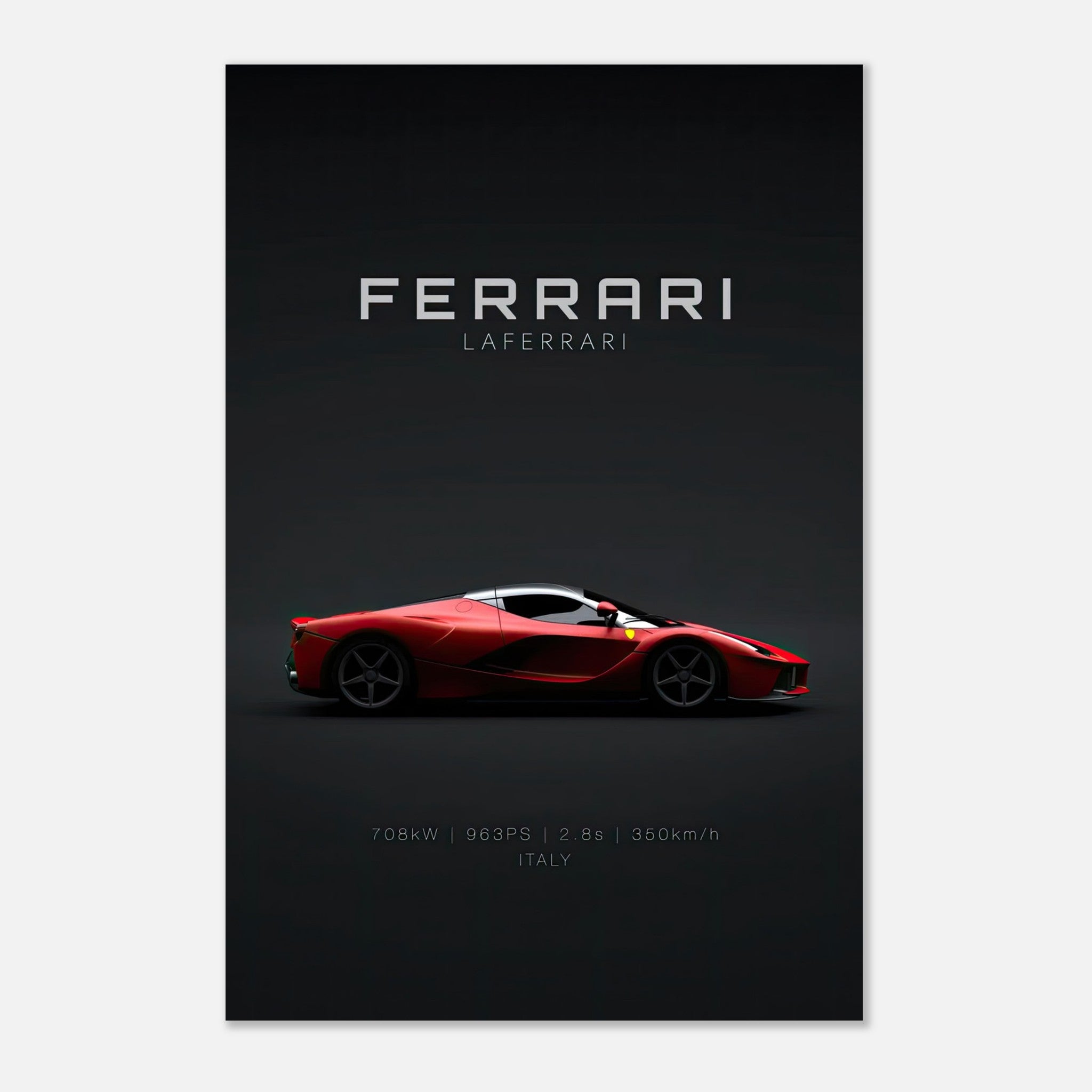 Ferrari Laferrari metal poster featuring the iconic red hypercar design on a minimalist black background.