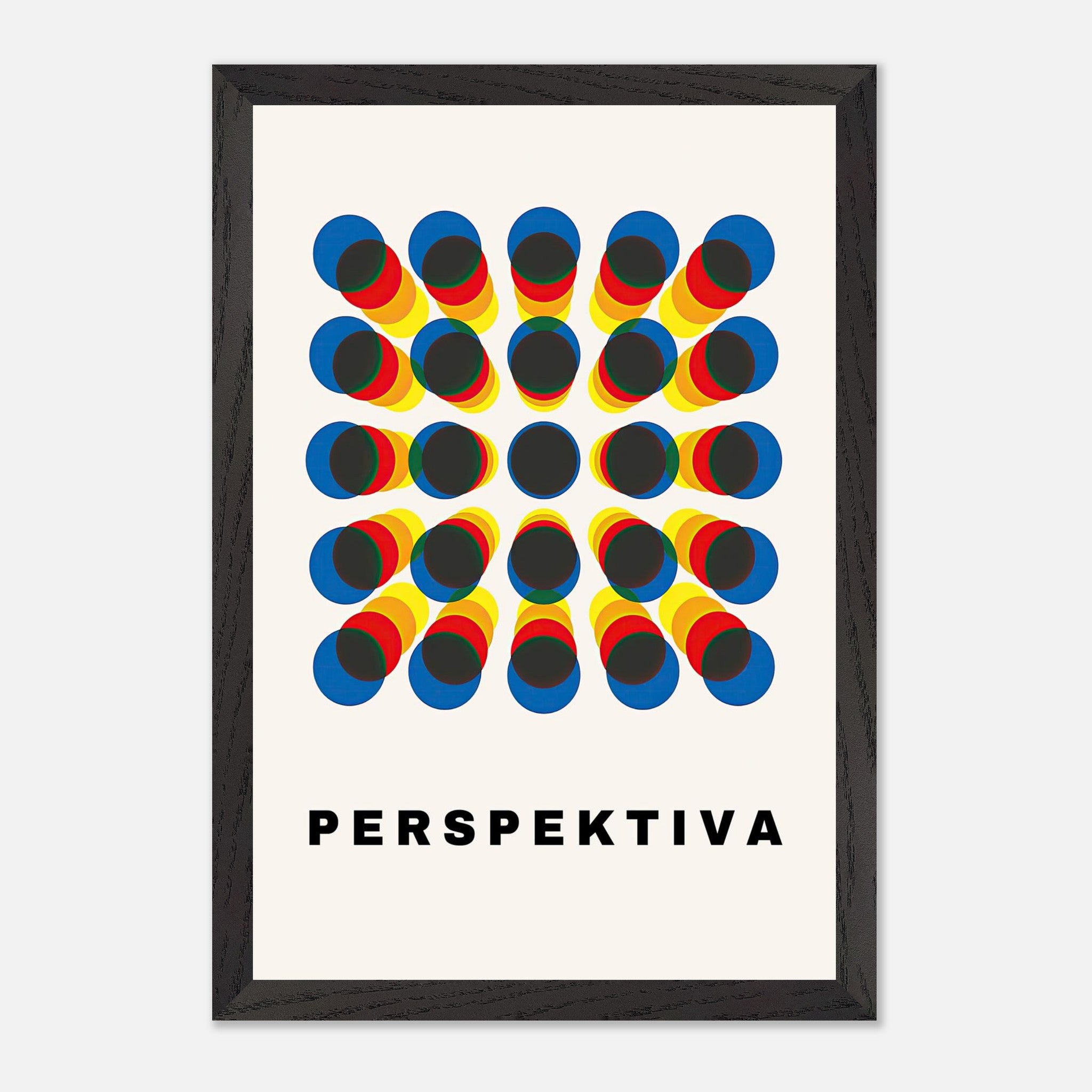 Perspective Abstract Art featuring geometric shapes and vibrant colors in a framed print with the word 'PERSPEKTIVA'.