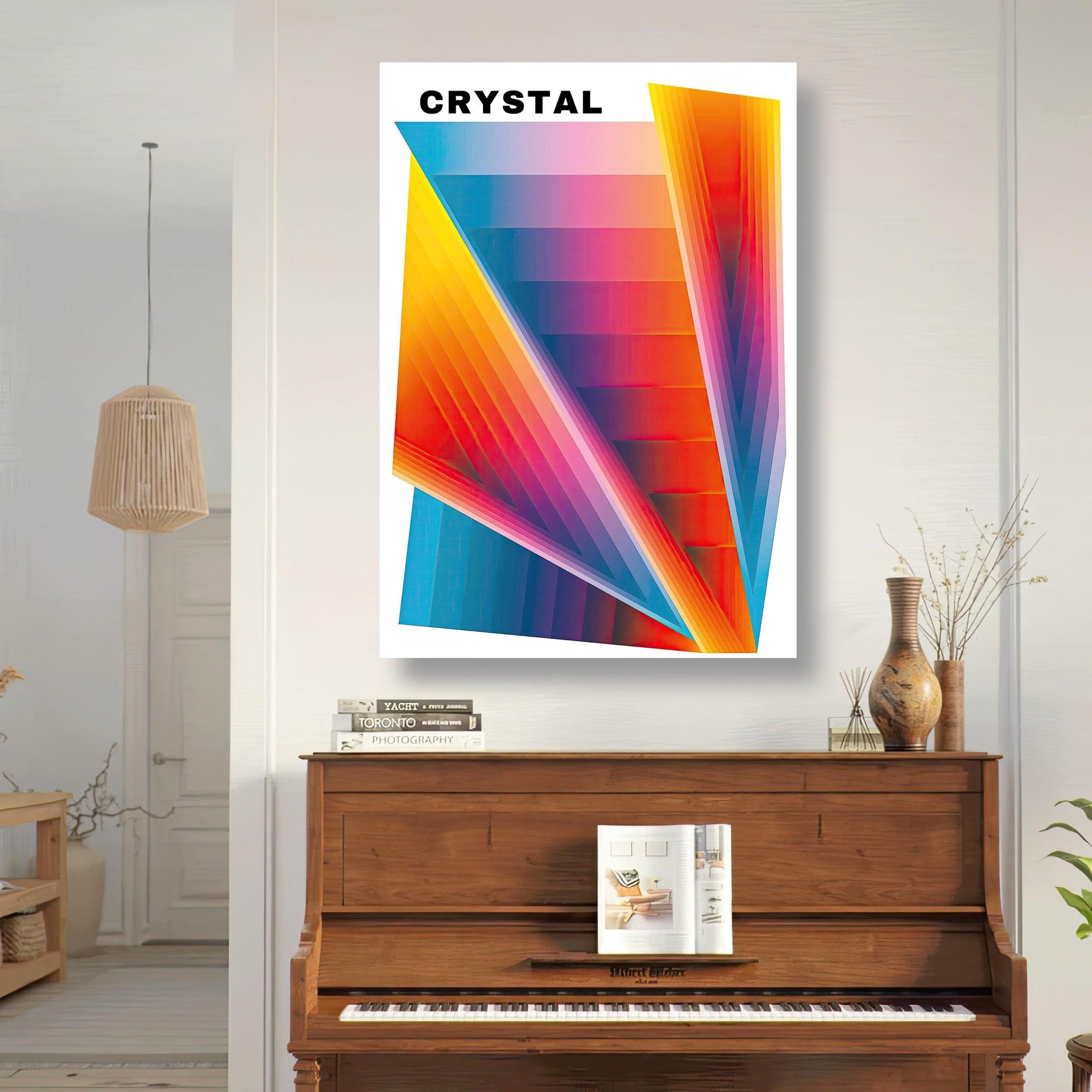 Crystal Abstract Art Metal Print showcasing vibrant geometric patterns in a modern living space.