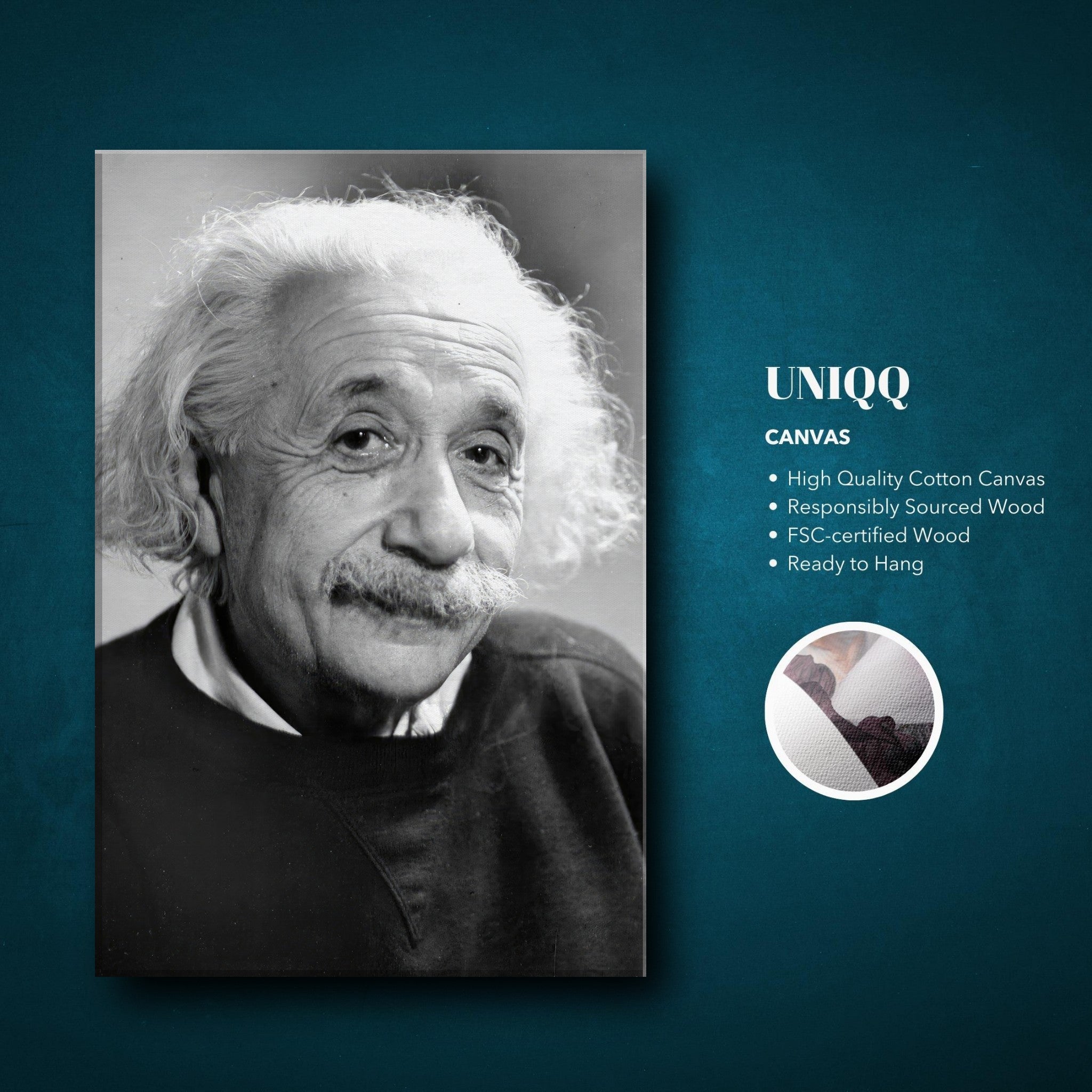 Albert Einstein black and white canvas print, showcasing iconic physicist's wisdom and curiosity.