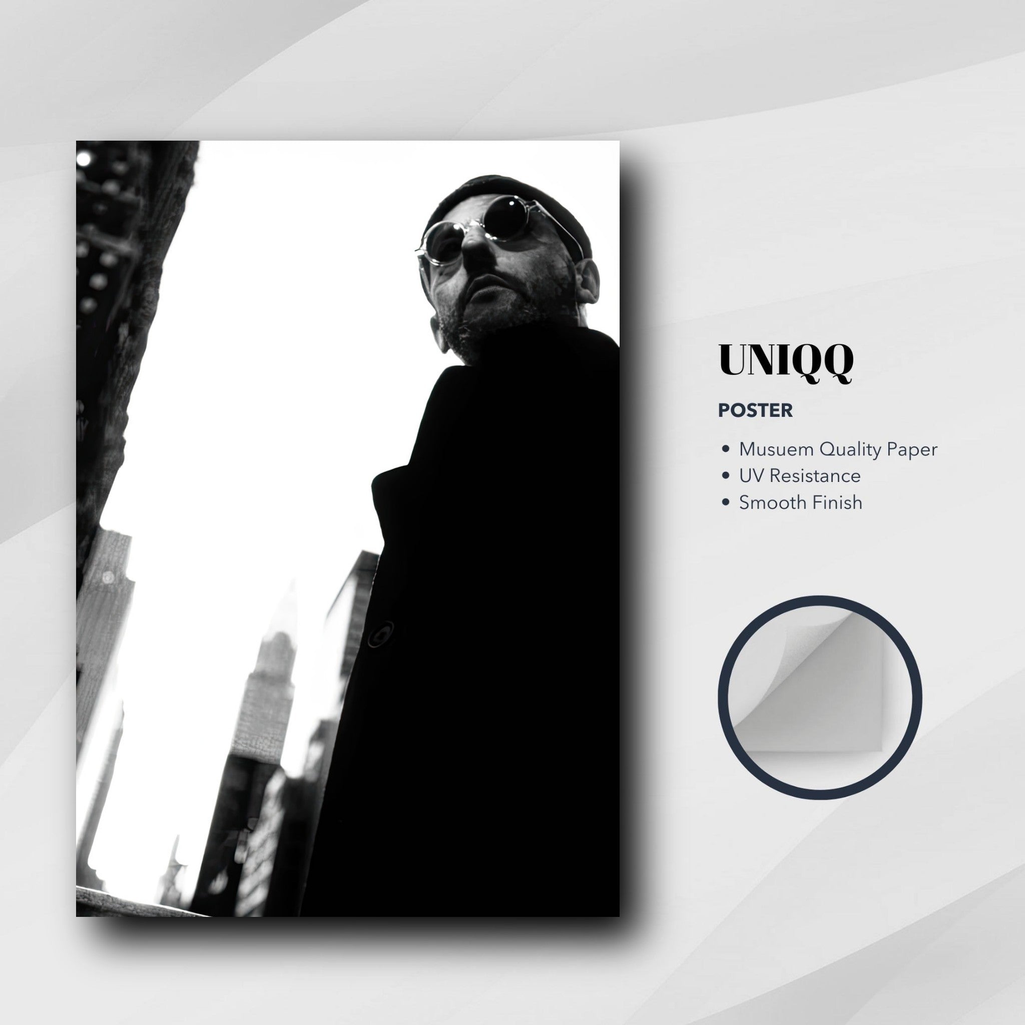 Leon Photography Jean Reno poster in black and white, featuring sharp contrasts and cinematic style.