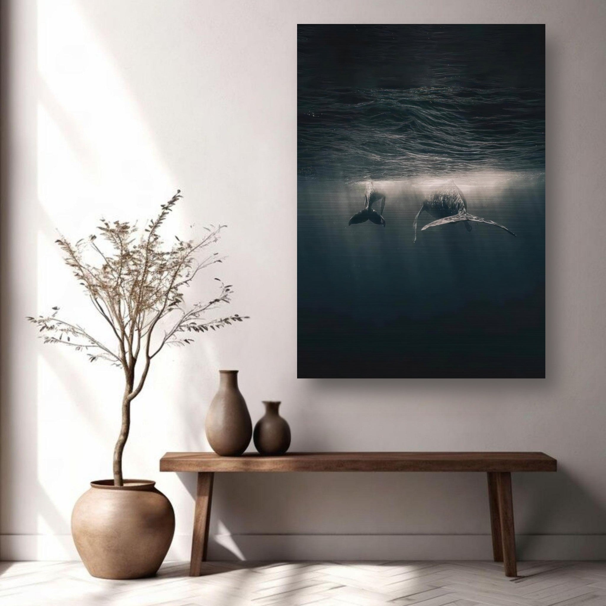 Brushed metal print of whales gliding underwater, enhancing modern decor with ocean tranquility and elegance.