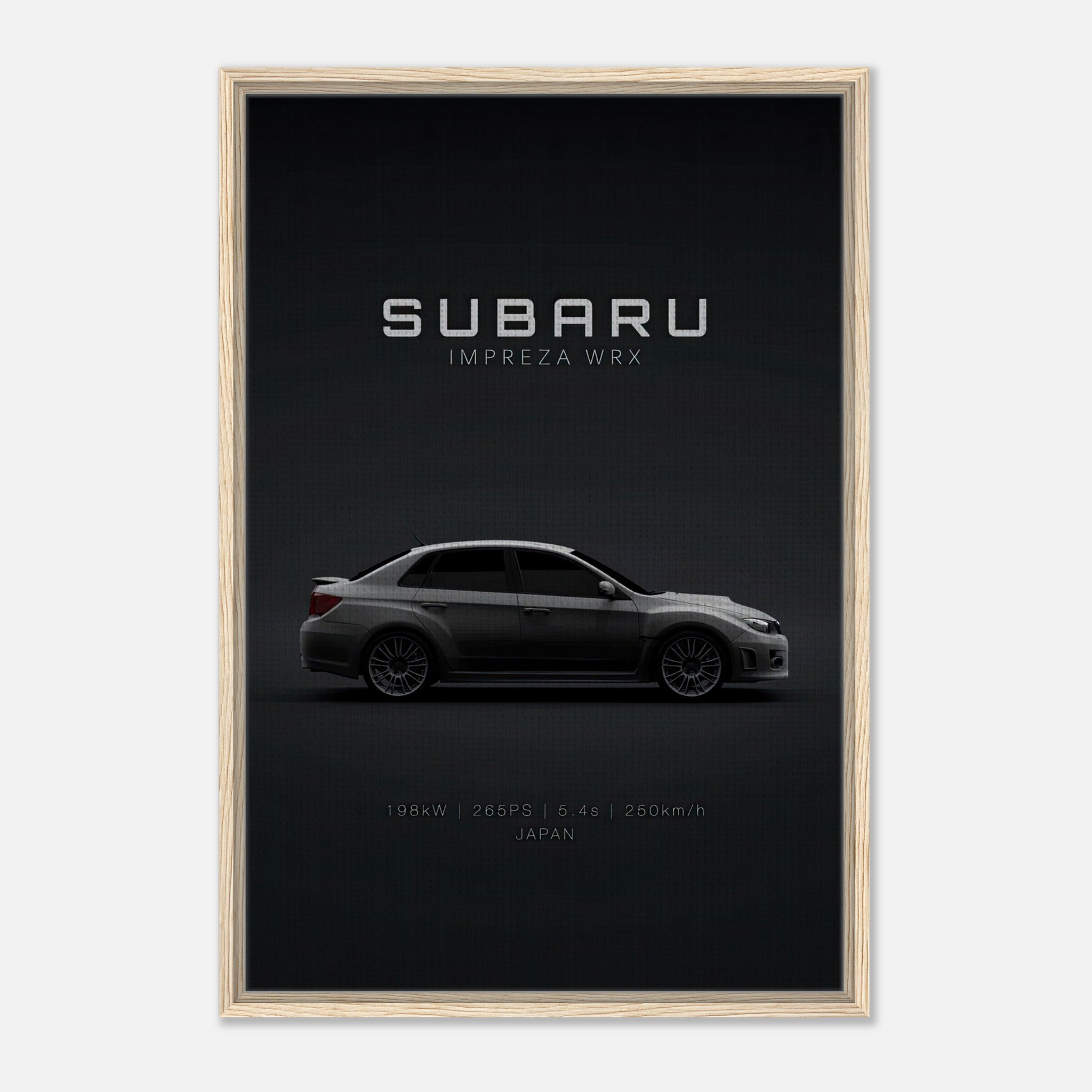 Subaru WRX framed canvas featuring sleek profile view, key specs 198kW and 265PS, perfect for car enthusiasts.