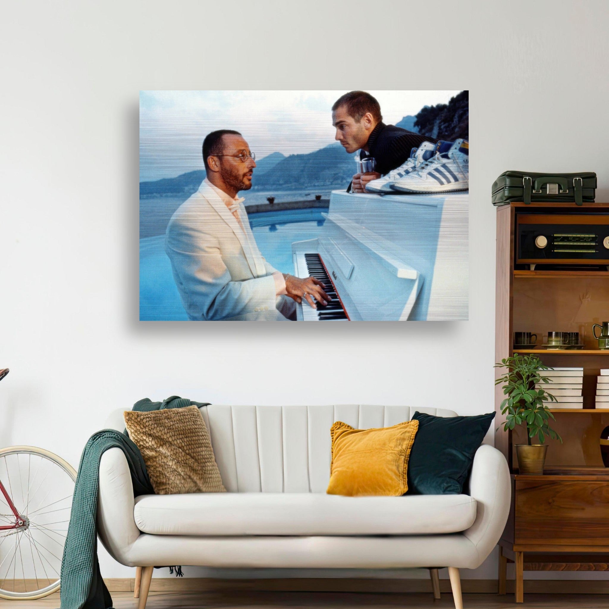 Image of a man playing a white piano while another sits beside him, inspired by *The Big Blue* and featuring a stunning backdrop.