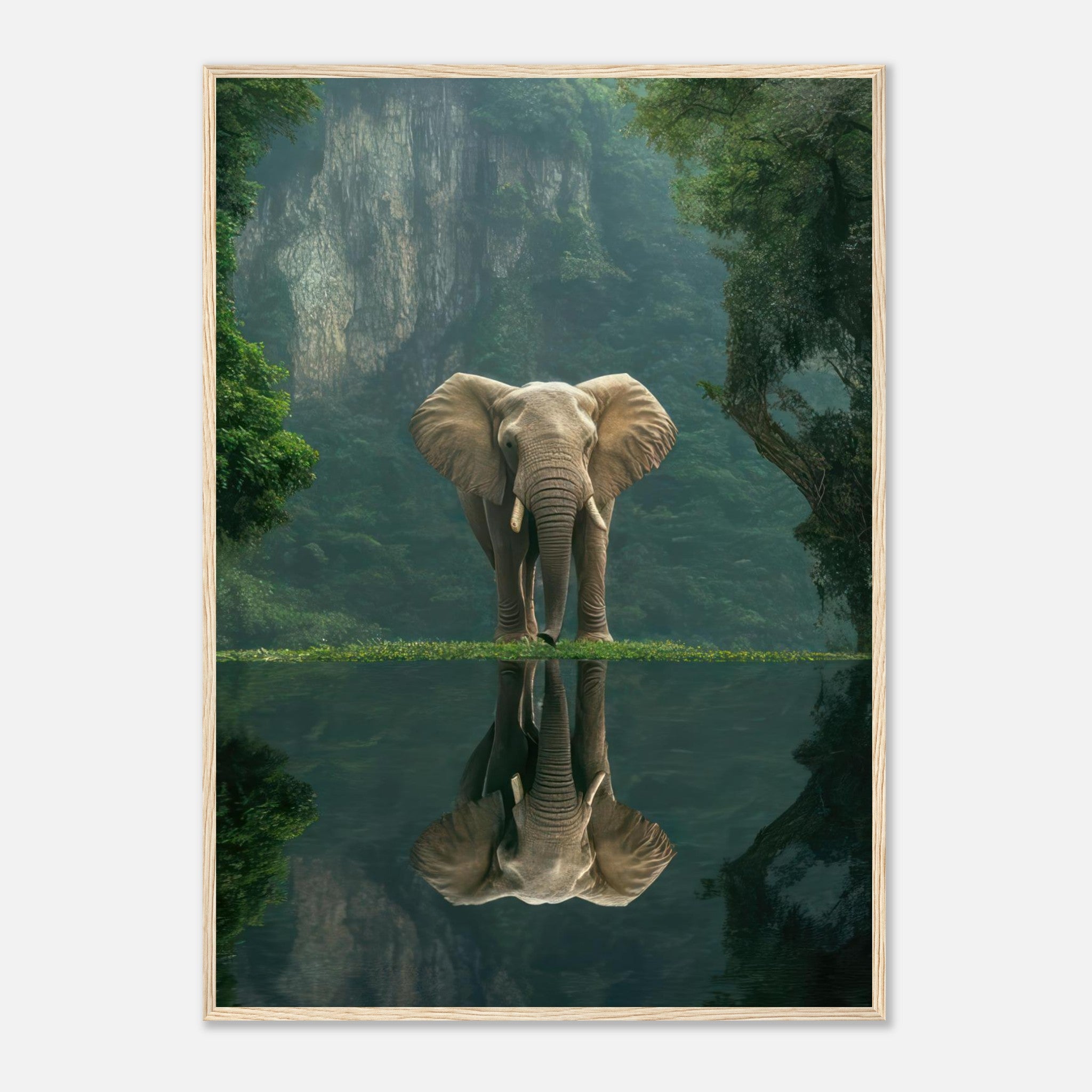 Jungle Elephant Portrait framed print featuring an elephant reflecting in water amidst lush greenery.