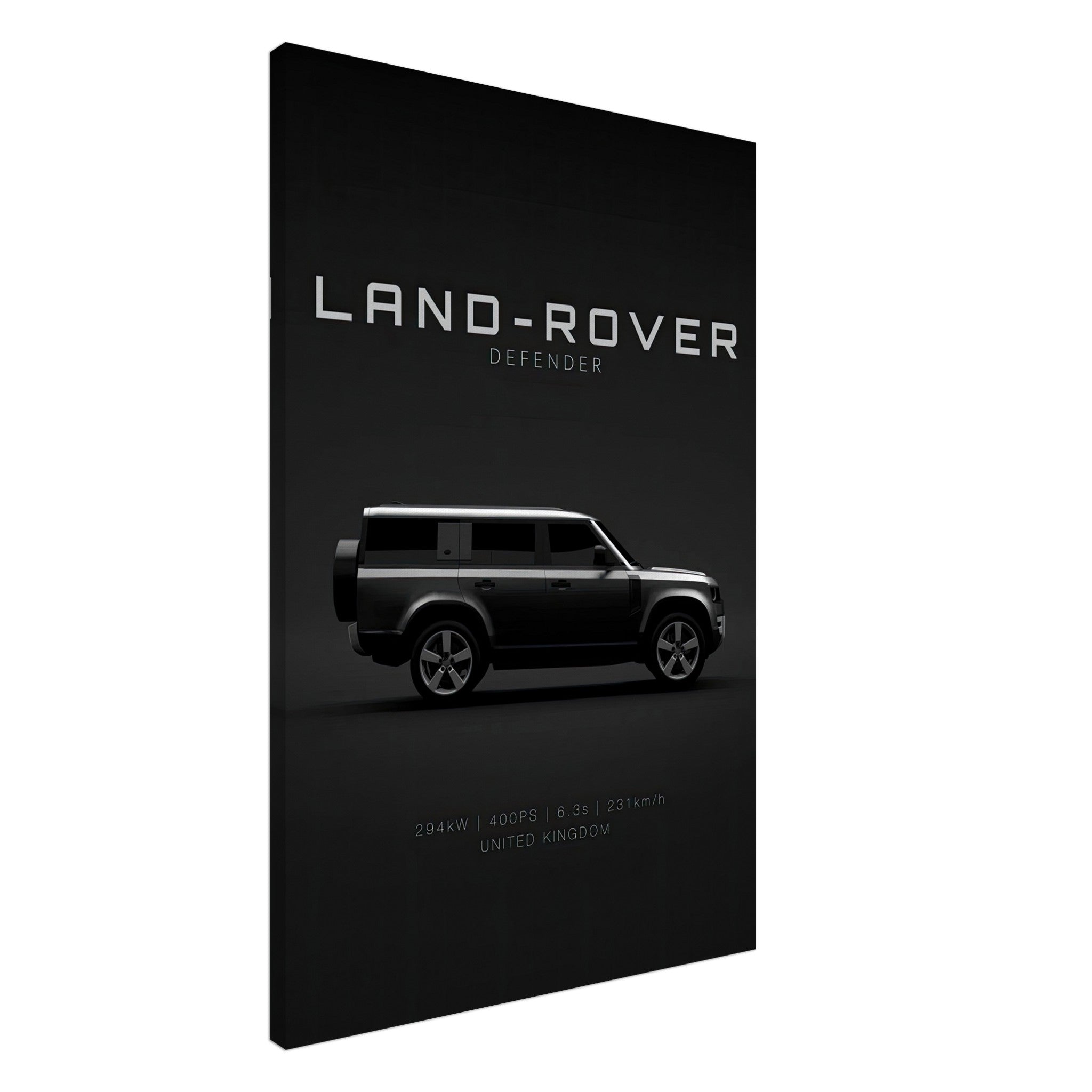 Land Rover Defender canvas artwork featuring sleek side profile on a minimalist black background.