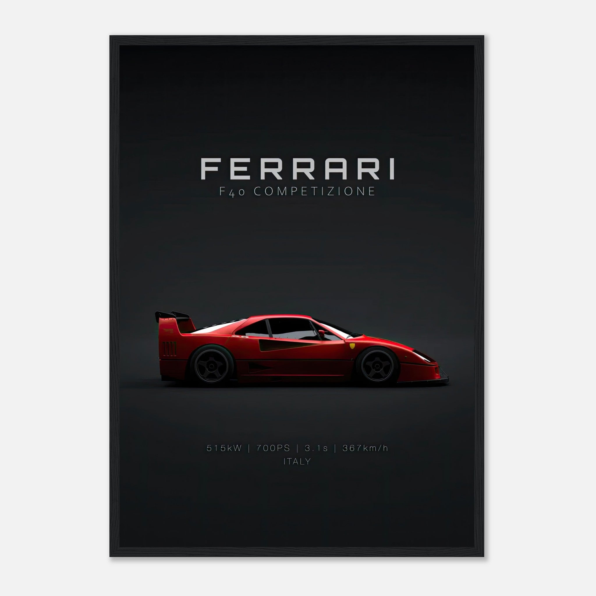 Ferrari F40 Competizione framed poster featuring a sleek red supercar design on a minimalist backdrop.