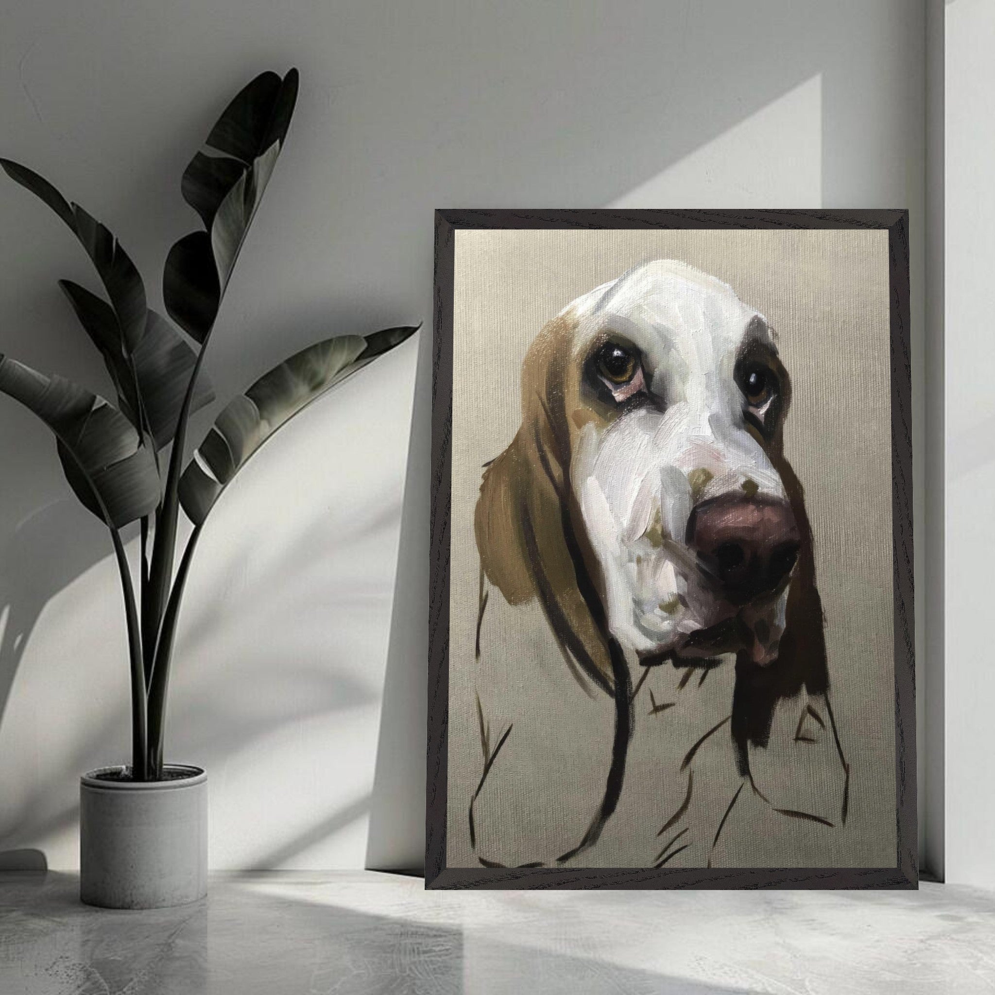 Basset Hound dog painting in a modern interior, museum quality art for dog lovers.