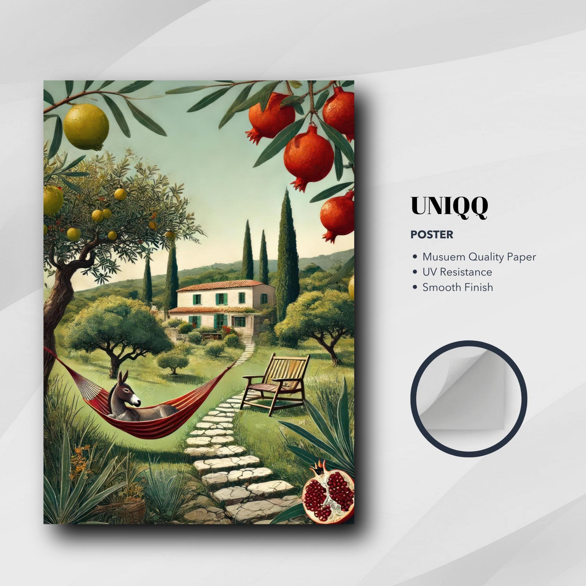 Mediterranean rural landscape poster featuring olive trees, pomegranates, and a charming villa in a serene setting.