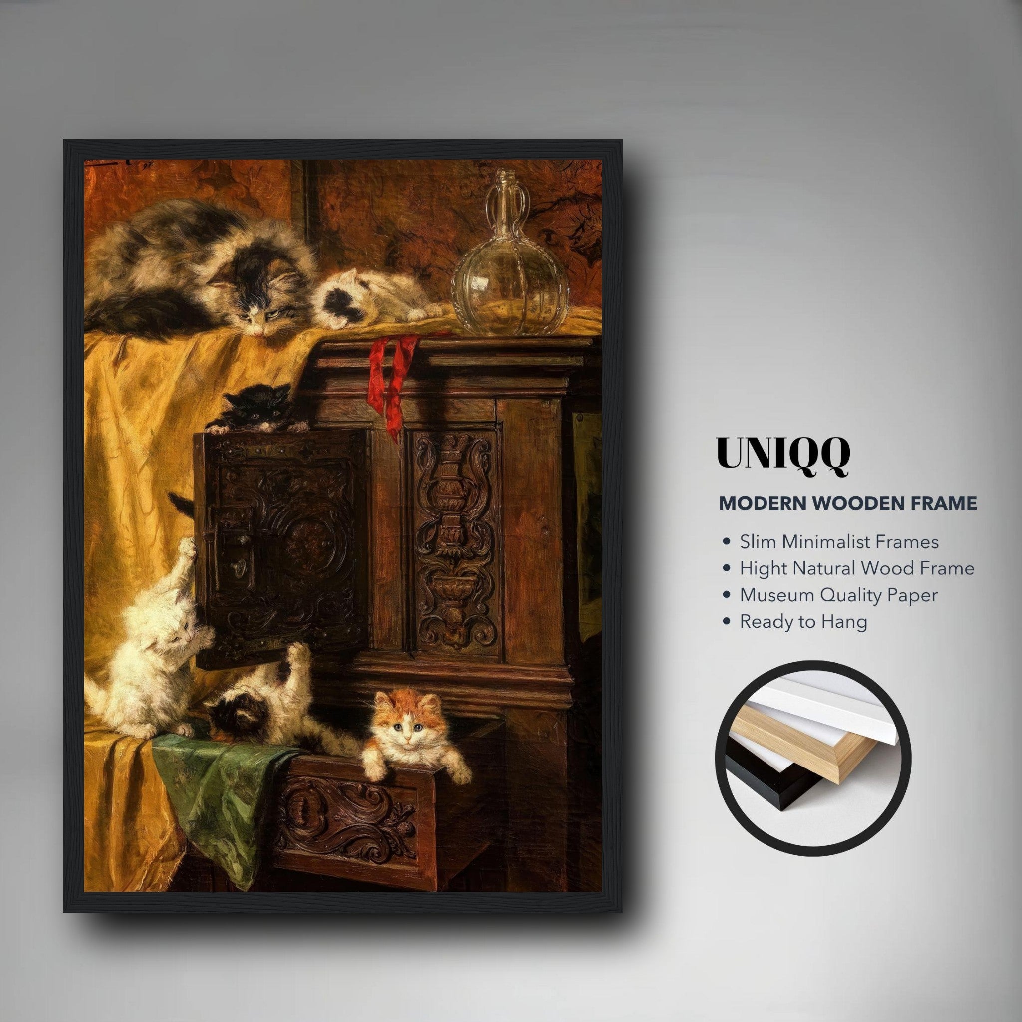 Vintage cat painting framed print featuring playful kittens on an antique cabinet, rich warm tones and artistic elegance.