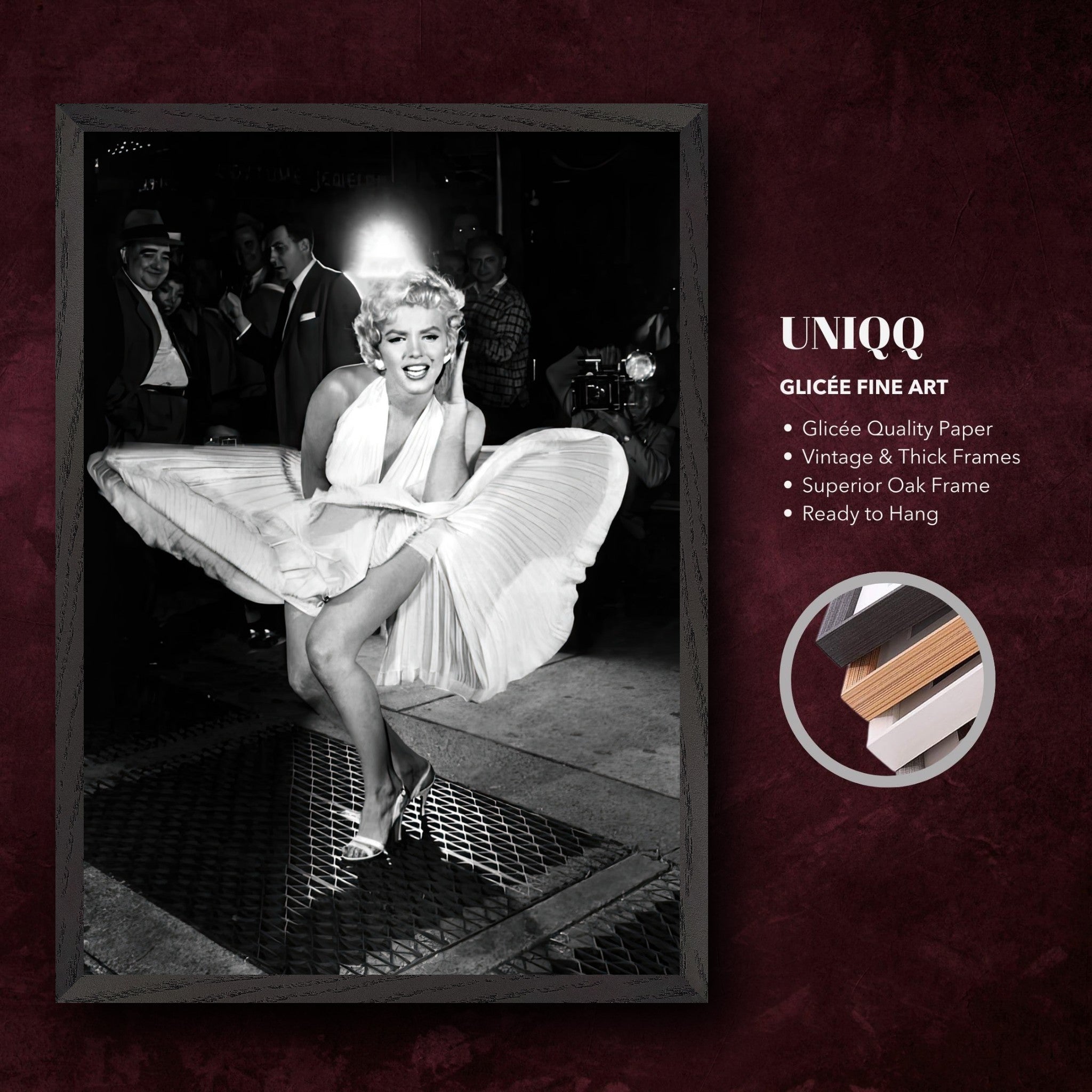 Marilyn Monroe in white dress gliding with wind, vintage fine art print, ready to hang, museum quality decor.