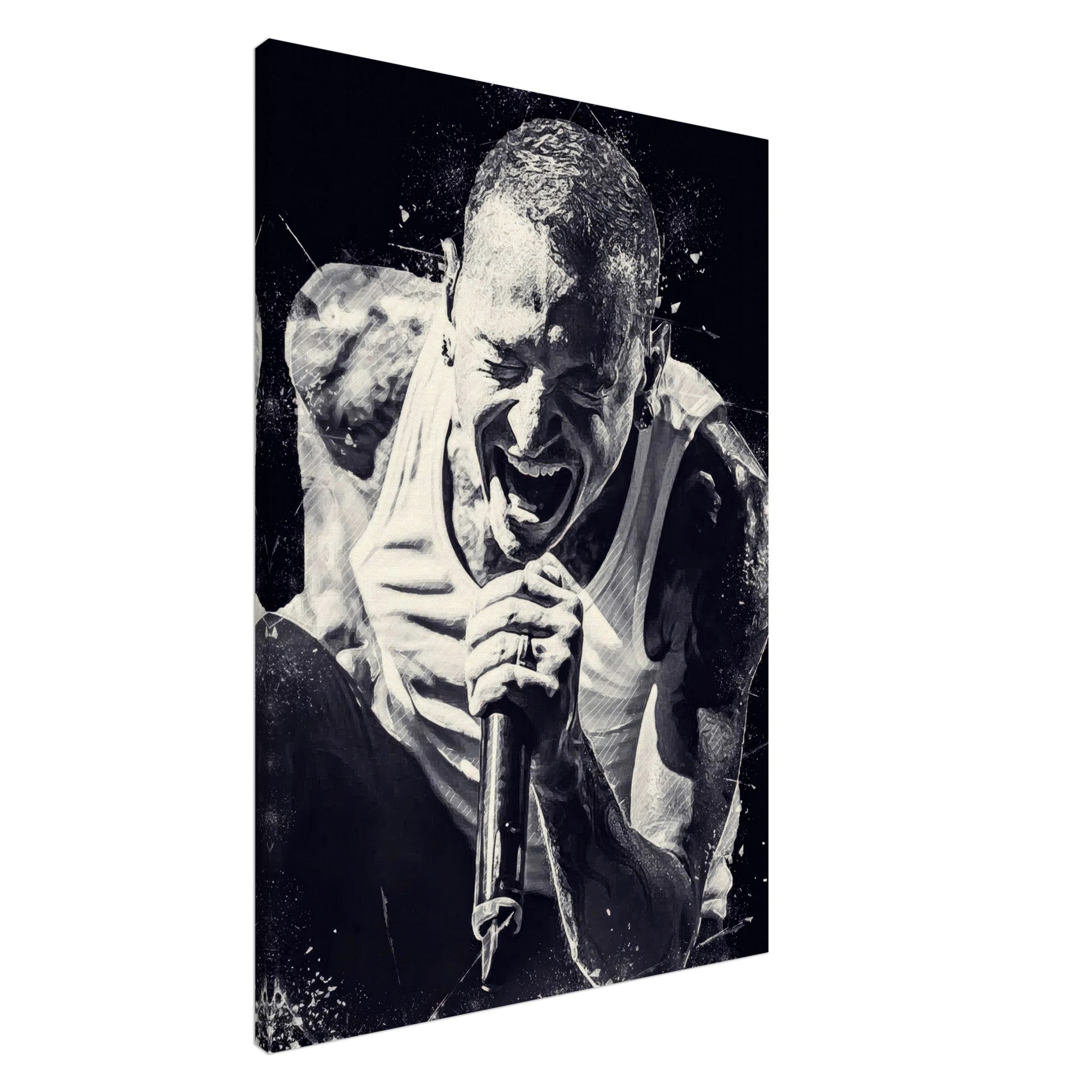Chester Bennington Canvas Print showcasing the iconic frontman of Linkin Park in a dynamic black-and-white design.