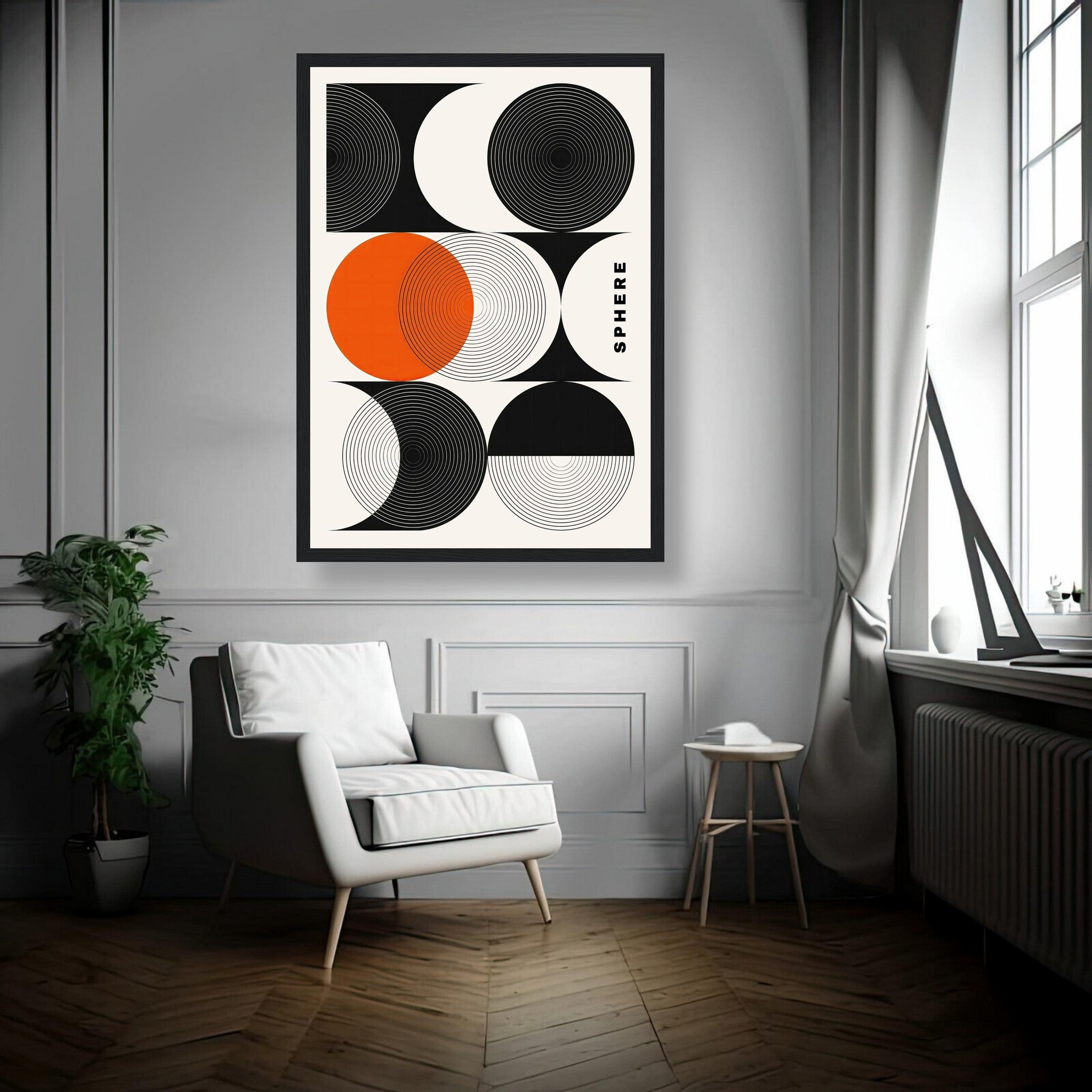 Abstract geometric sphere art framed print featuring bold circular patterns in black, white, and orange.