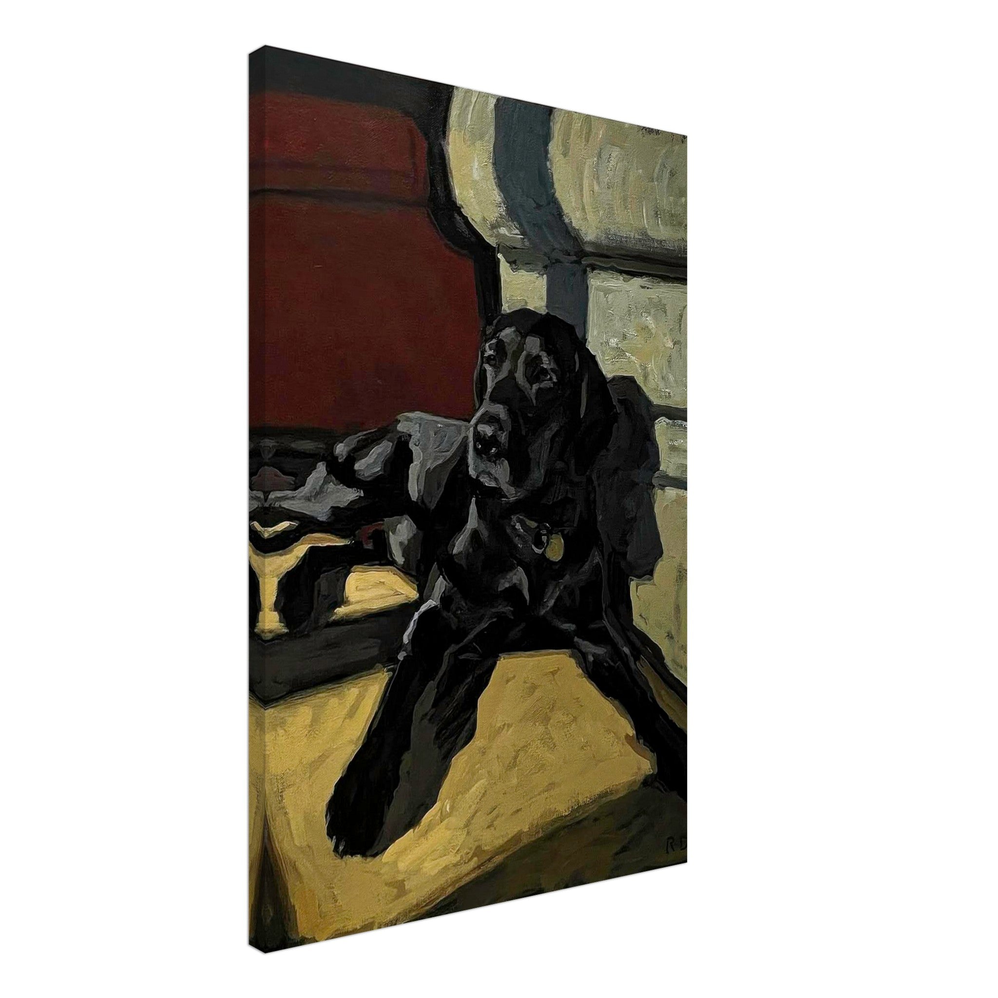 Black Labrador dog painting canvas print featuring a relaxed black Lab in warm earthy tones.