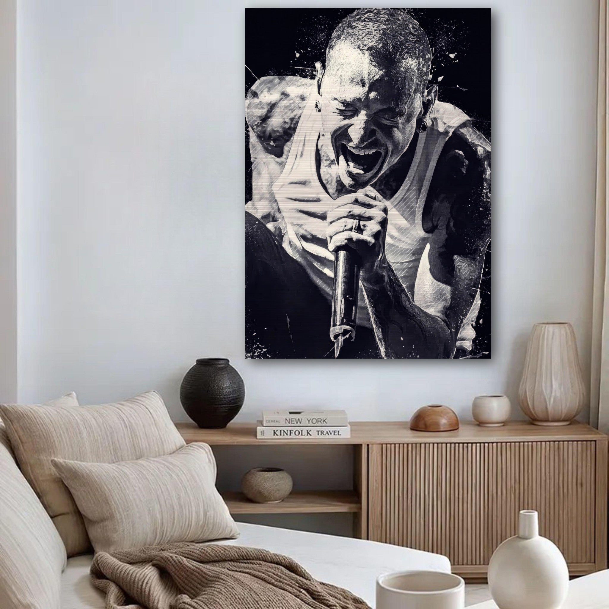Chester Bennington brushed metal print showcasing electrifying performance in black-and-white design for Linkin Park fans.