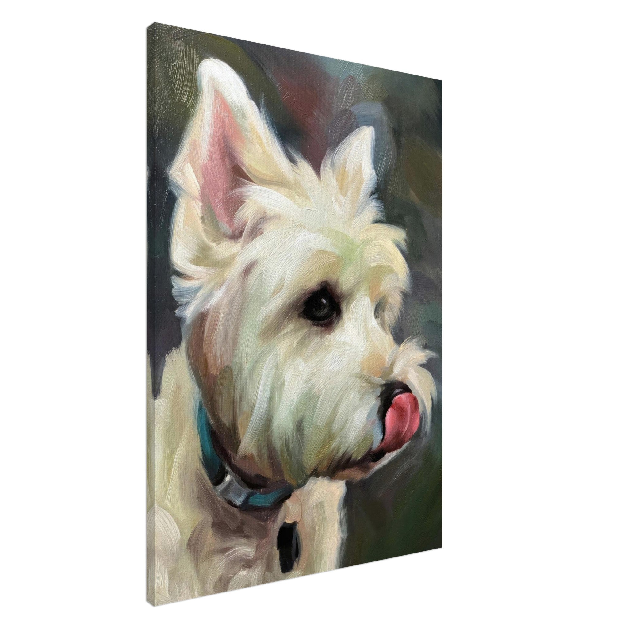 Westie dog painting canvas print featuring a playful West Highland White Terrier with tongue out and expressive eyes.