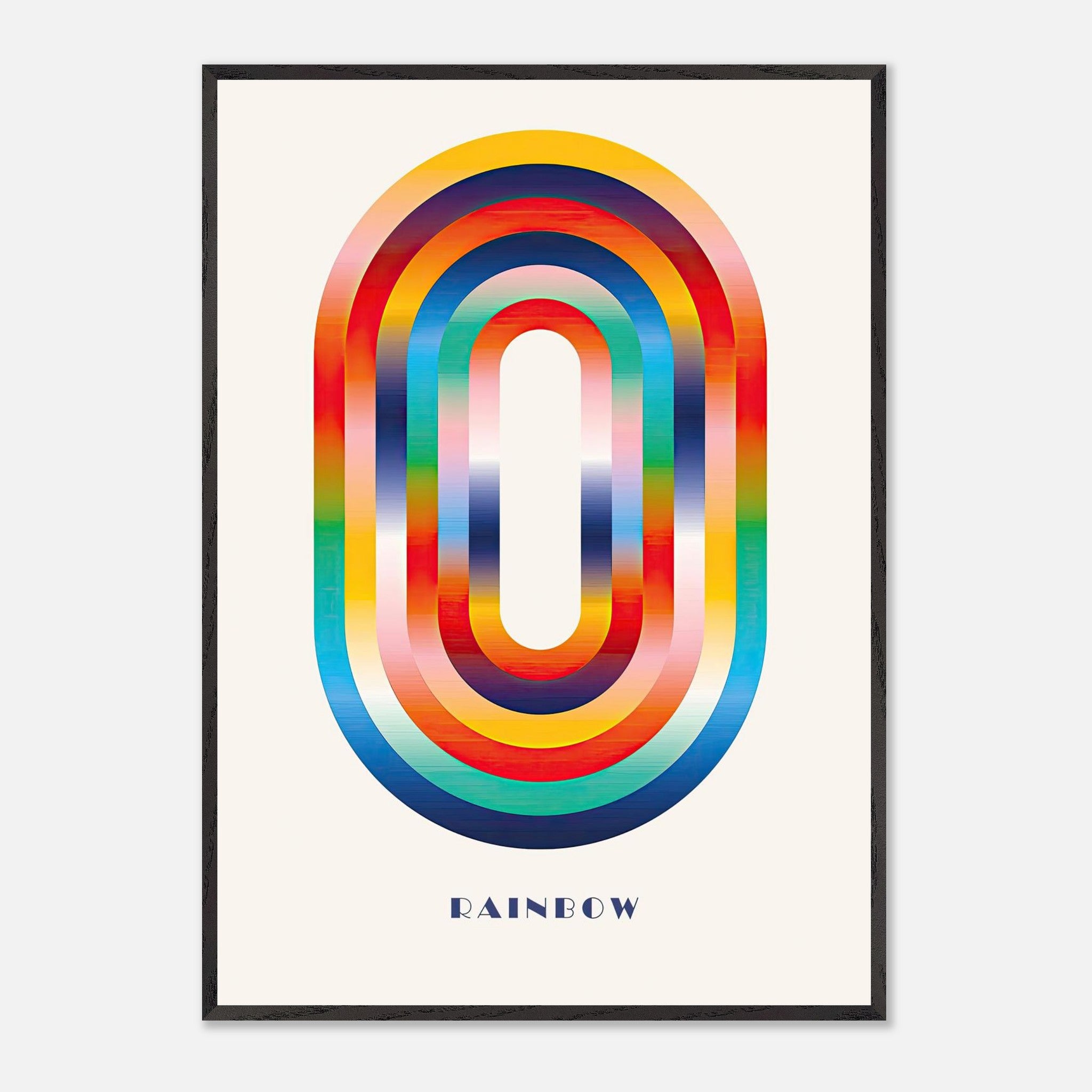 Colorful abstract rainbow geometric art print with bold arcs and a museum-quality frame.