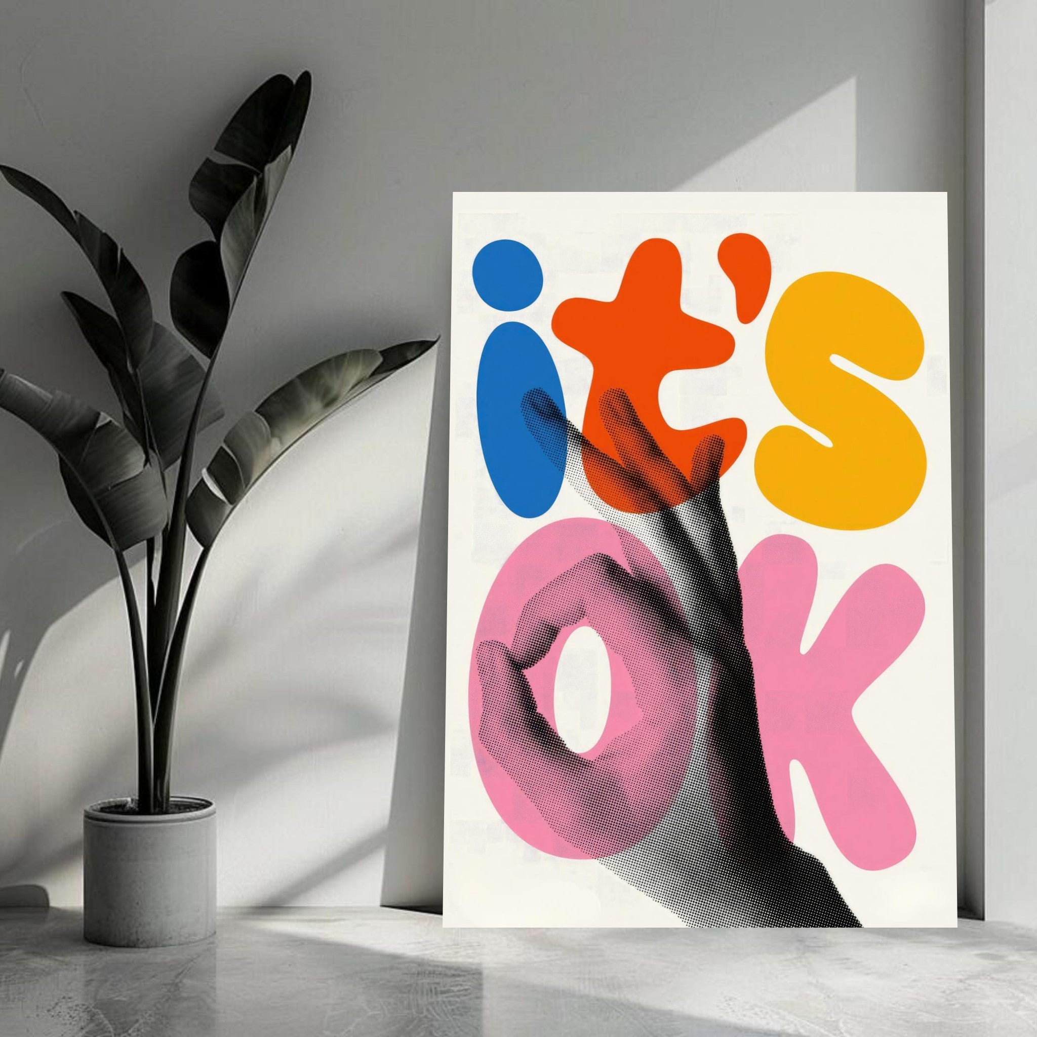 Retro Abstract Pop Art metal print featuring colorful typography and a hand gesture, bringing vibrant nostalgia.