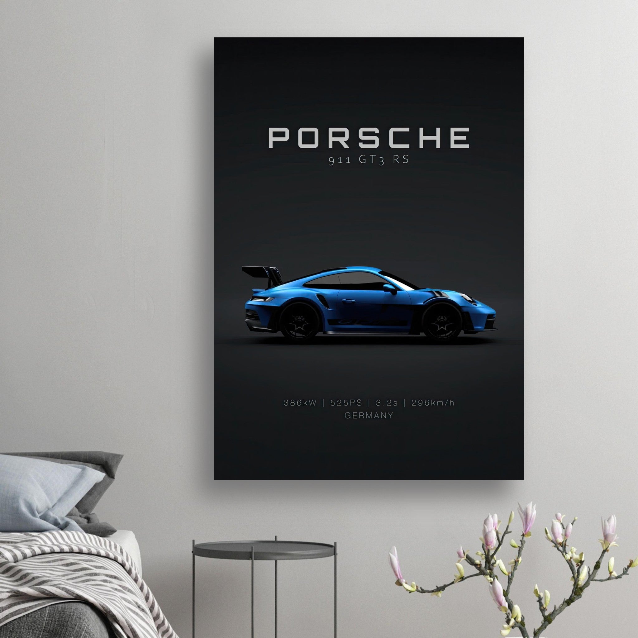 Porsche 911 GT3 RS poster in blue with minimalist black background, showcasing speed and precision engineering.