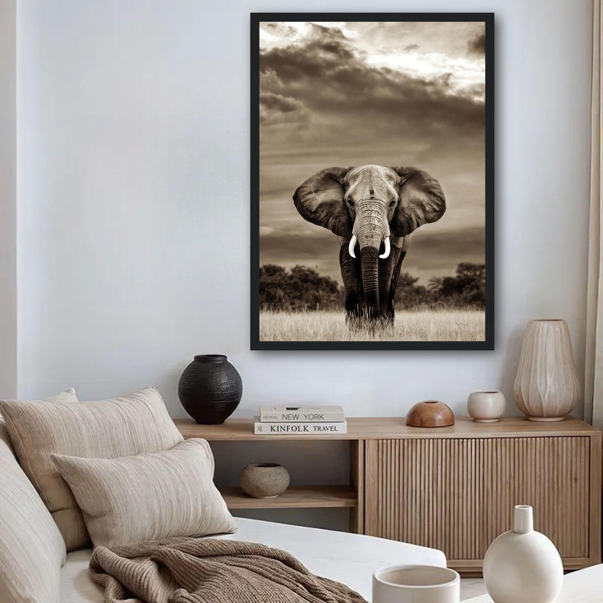 Elegant framed portrait of an elephant against a dramatic sky, perfect for home decor.