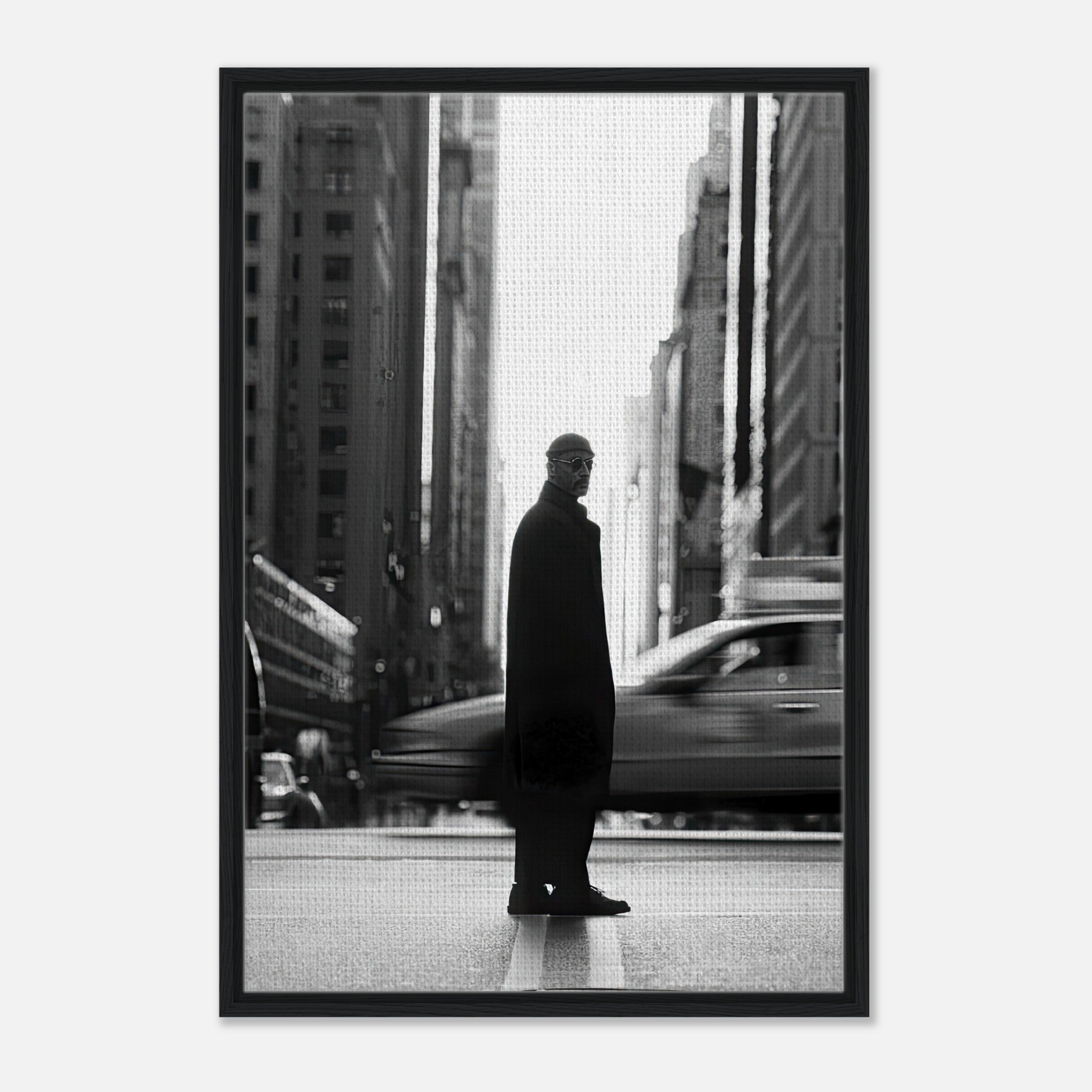 Jean Reno as Leon in New York; framed black-and-white canvas art capturing urban sophistication.