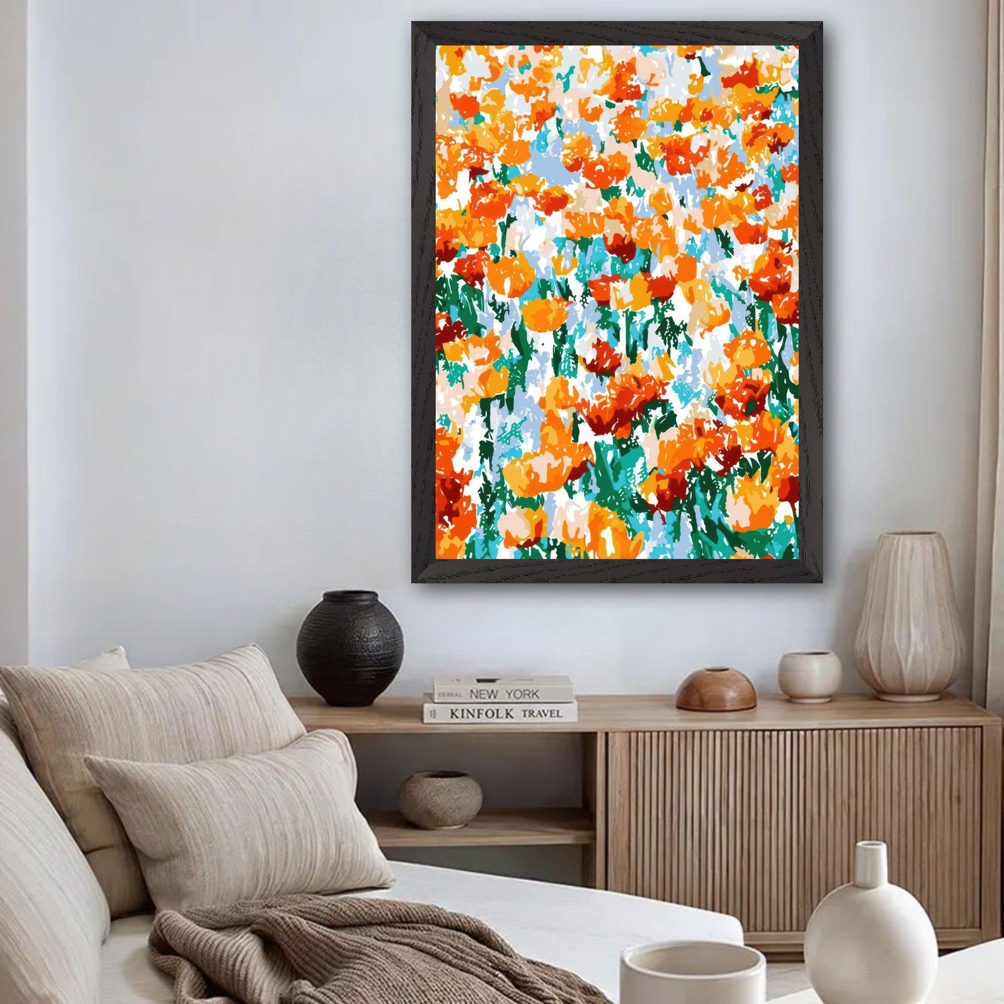 Abstract floral tulip garden vintage print in a stylish living room with vibrant orange and yellow colors.