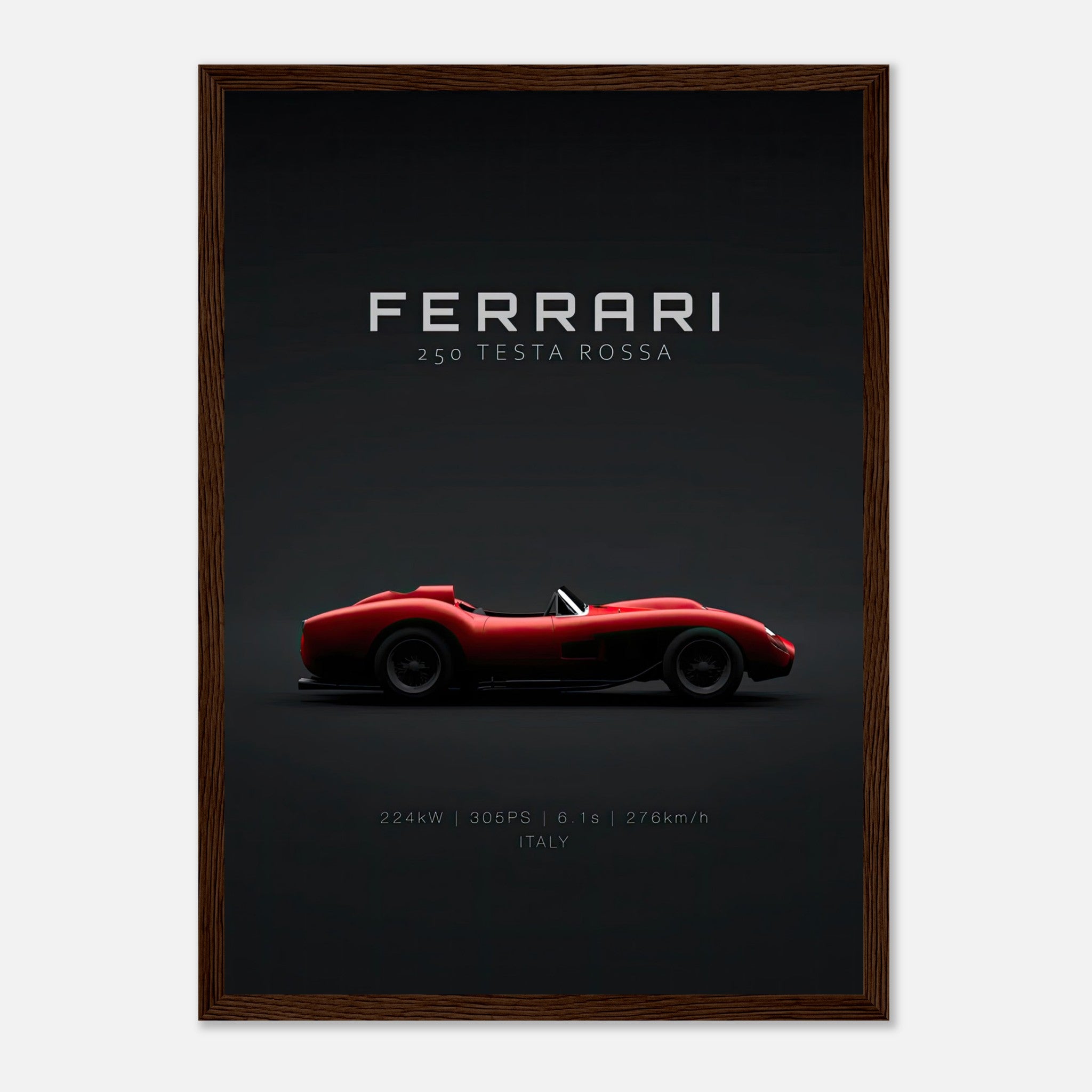 Ferrari 250 Testa Rossa framed poster featuring a sleek side profile on a black background.