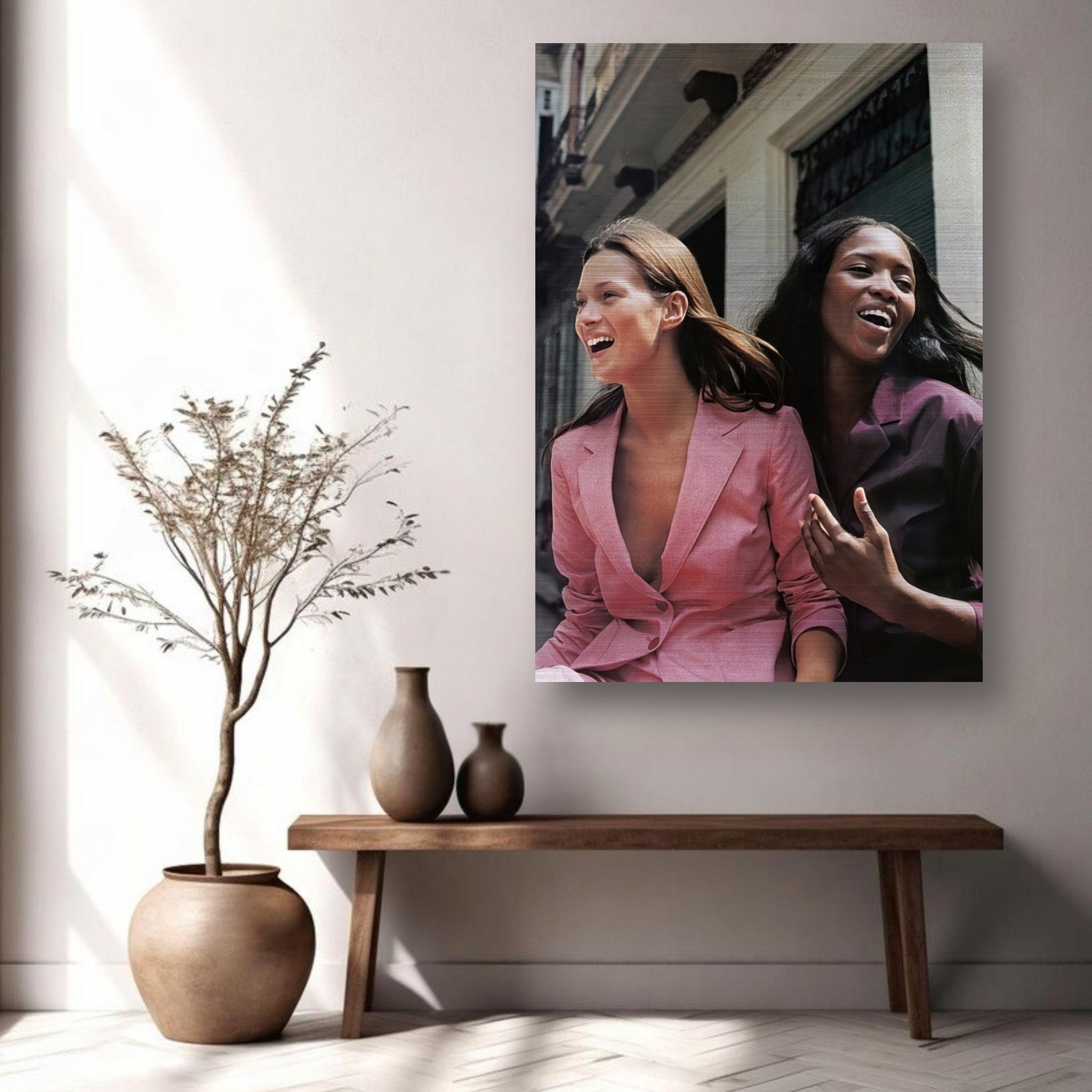 Naomi Campbell x Kate Moss brushed metal art print showcasing elegance and sophistication in a modern living space.