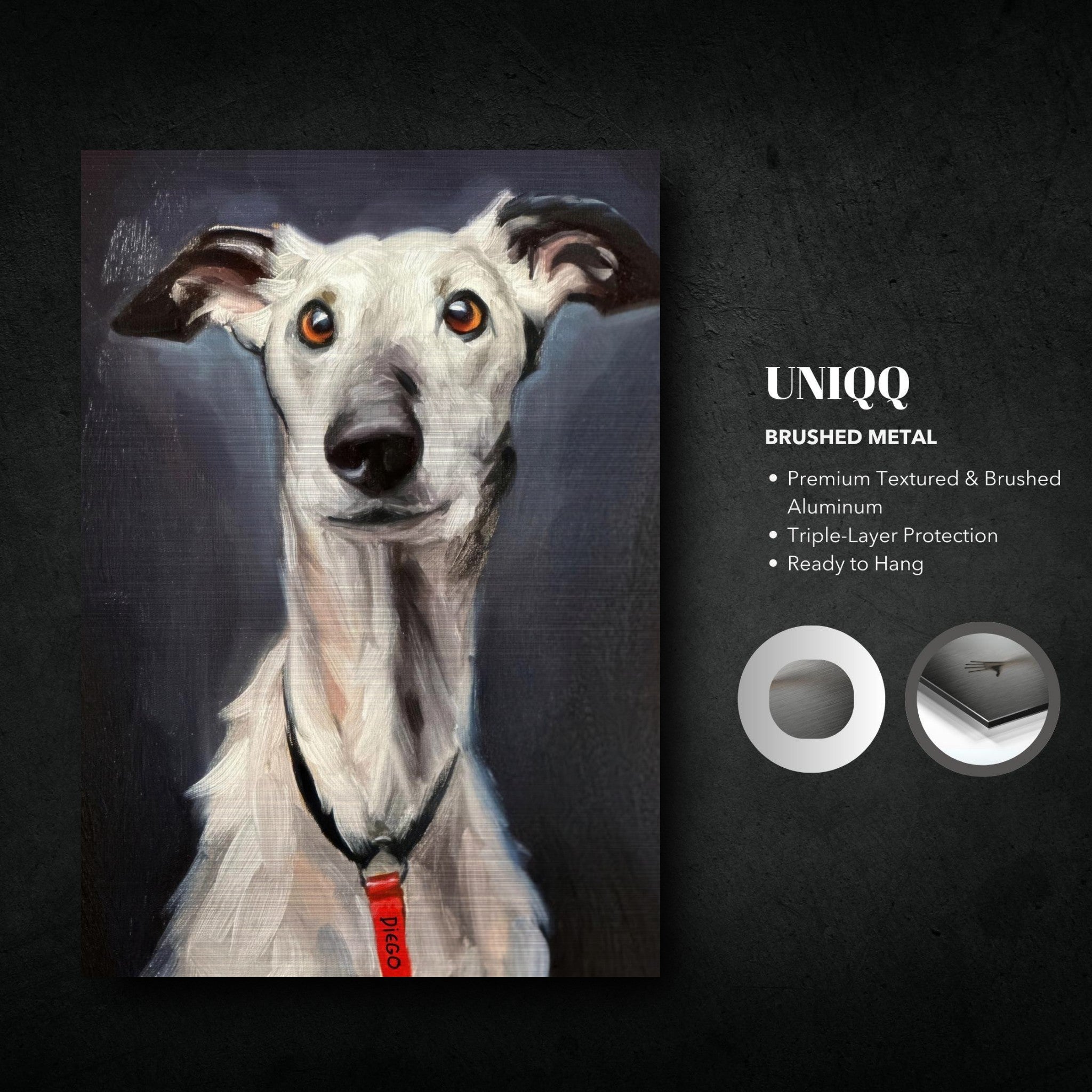 Brushed metal artwork of a Greyhound dog showcasing expressive eyes and sleek coat.