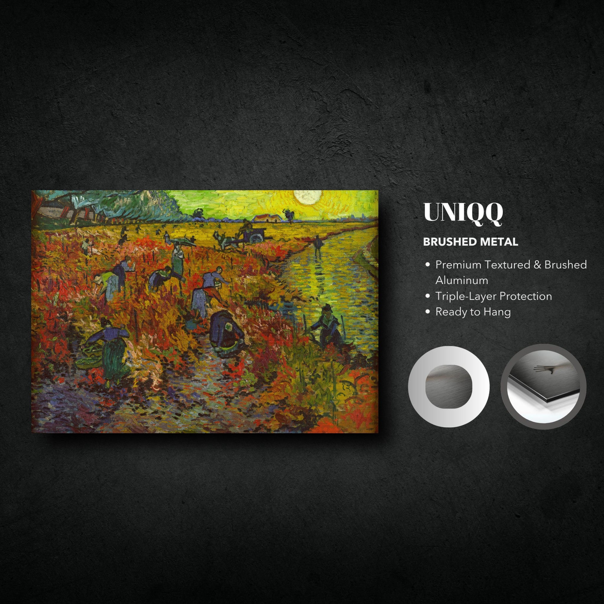 The Red Vineyard by Van Gogh on brushed metal, showcasing vibrant autumn colors and dynamic brushstrokes, ready to hang.