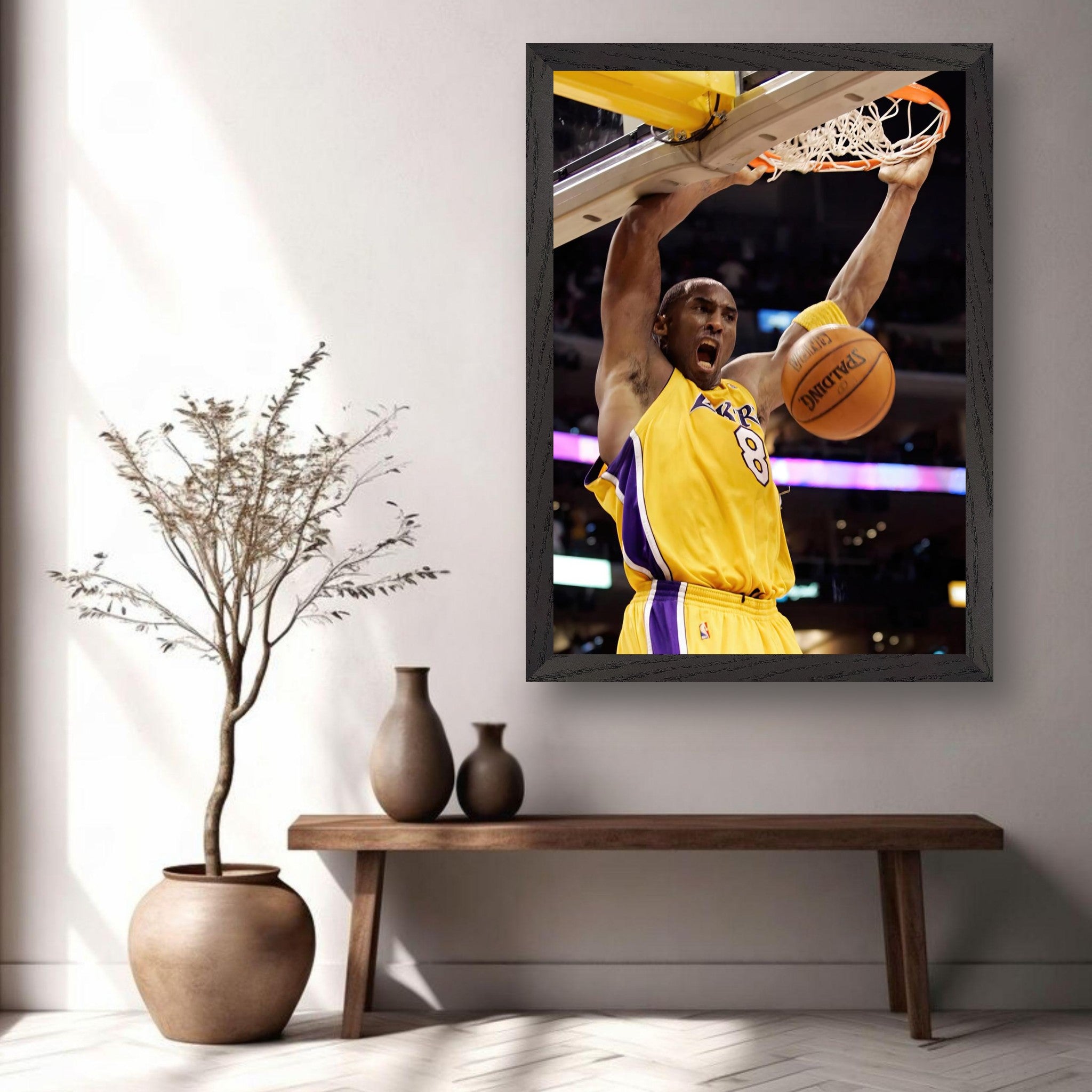 Kobe Bryant's iconic slam dunk vintage framed print showcasing his electrifying athleticism and passion for basketball.