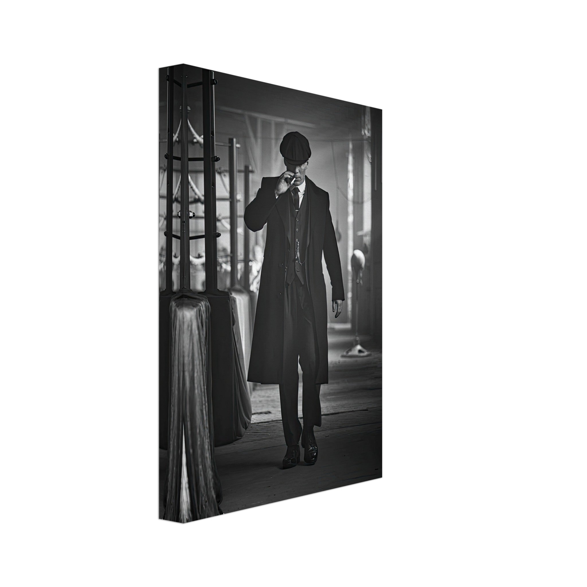Tommy Shelby from Peaky Blinders black and white canvas art, showcasing his iconic style and brooding charisma.