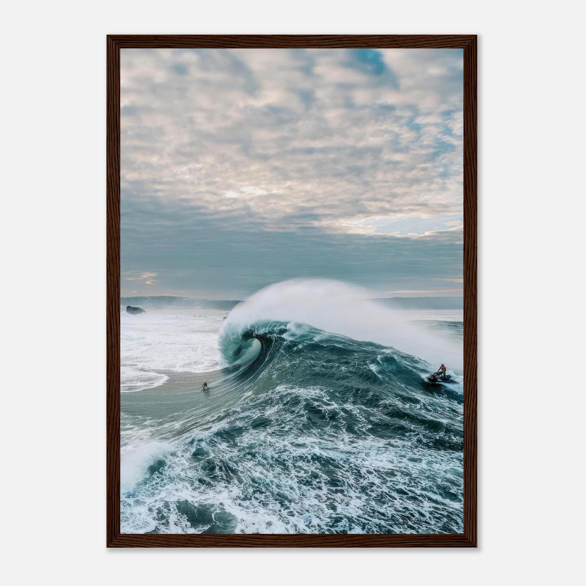 Stunning Big Wave Surfing Framed Print showcasing a surfer riding a colossal wave under a dramatic sky.