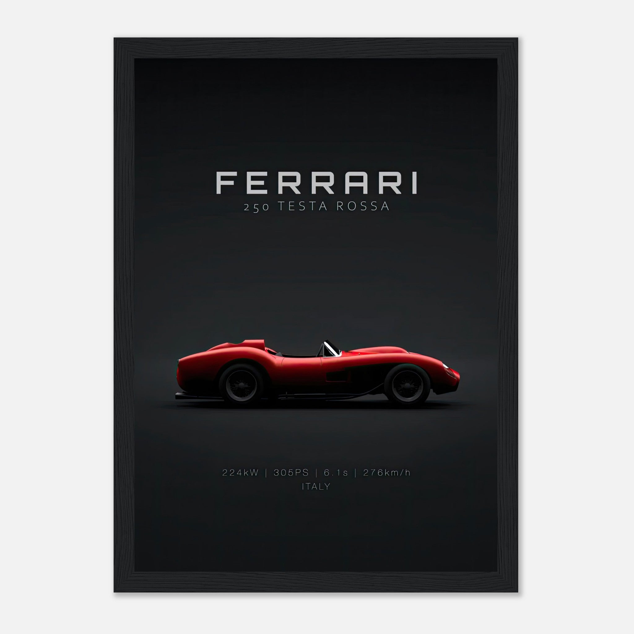 Ferrari 250 Testa Rossa framed poster featuring sleek side profile on minimalist black background.