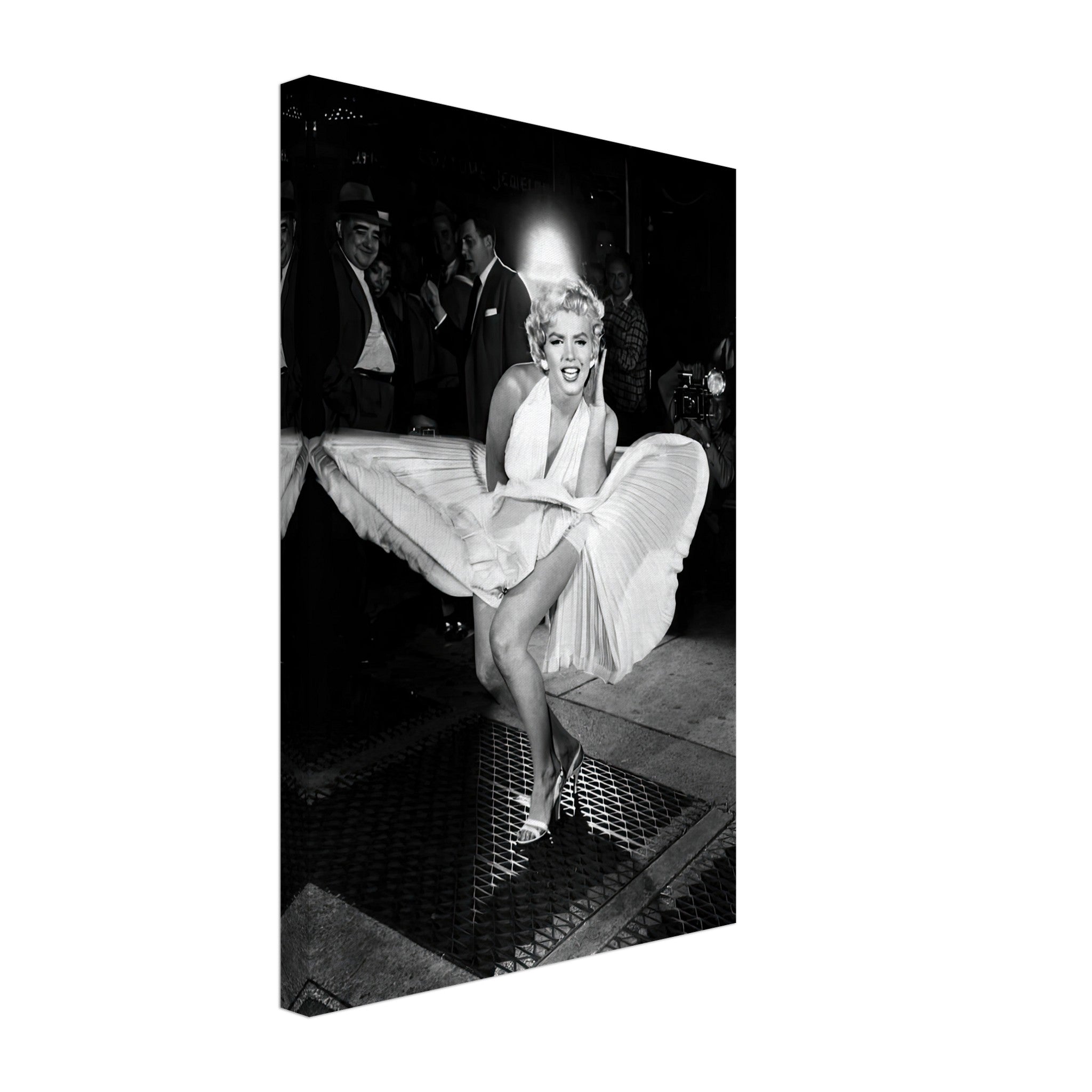 Marilyn Monroe in iconic white dress, playfully wind-blown, black-and-white canvas print, capturing Hollywood glamour.