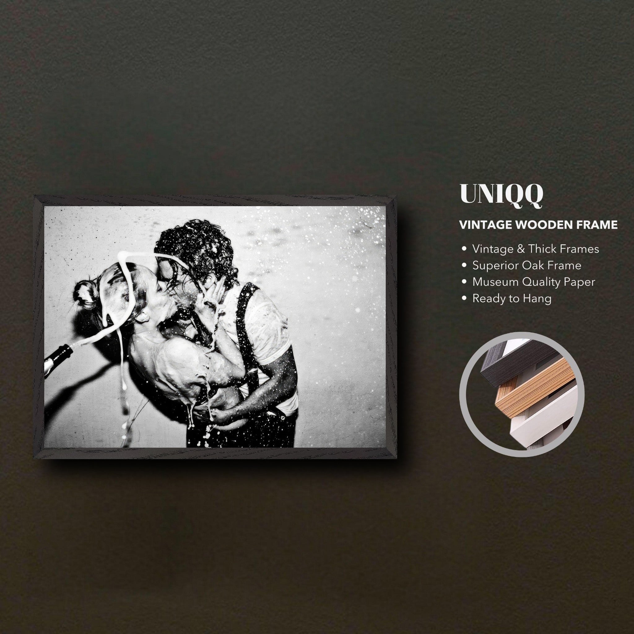 The Champagne Kiss vintage framed art featuring Johnny Depp and Kate Moss in a romantic black-and-white moment.