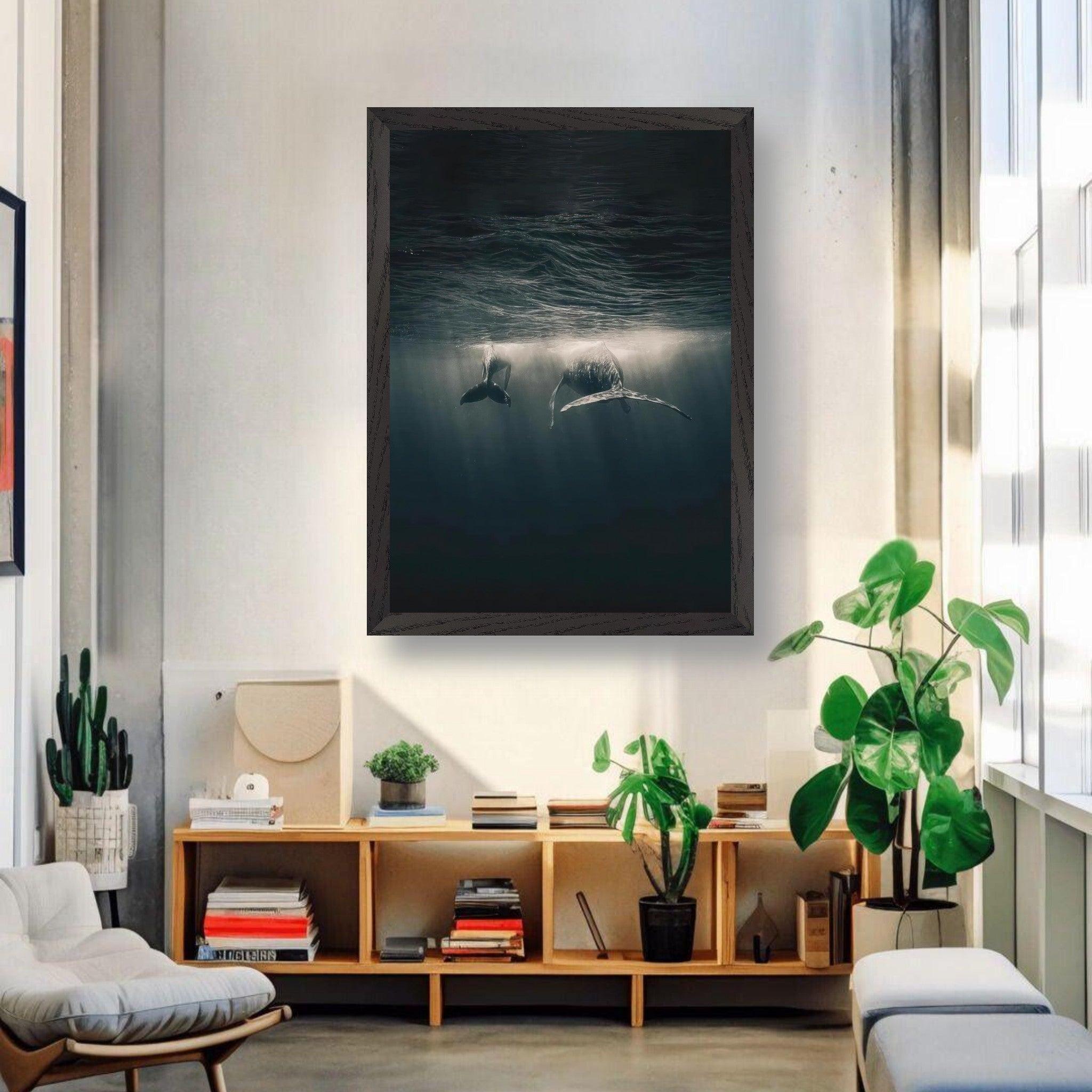 Whales swimming underwater in a vintage framed print, enhancing home decor with tranquil ocean vibes.